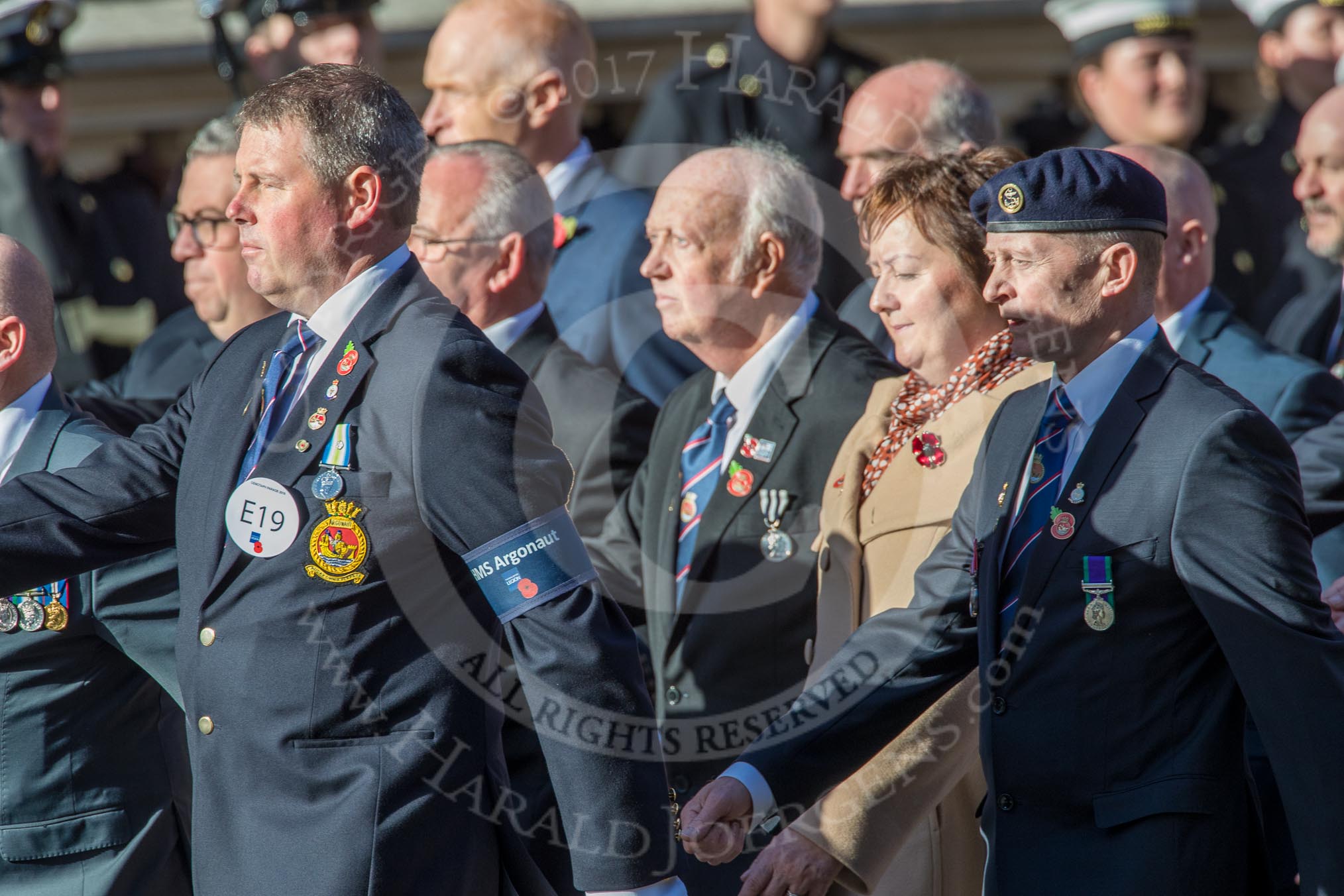 HMS Argonaut Association  (Group E19, 29 members) during the Royal British Legion March Past on Remembrance Sunday at the Cenotaph, Whitehall, Westminster, London, 11 November 2018, 11:44.