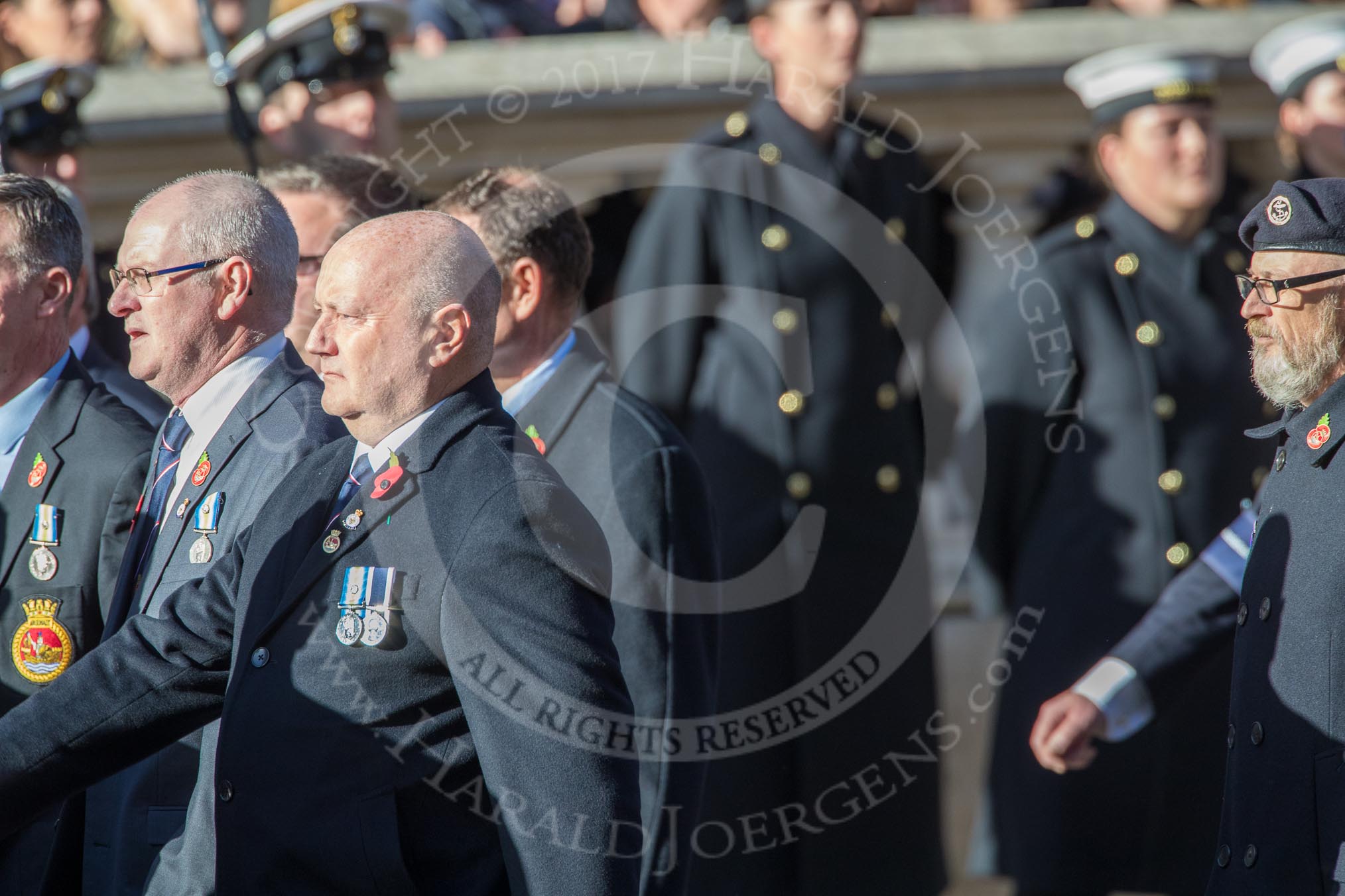 HMS Argonaut Association  (Group E19, 29 members) and HMS Ganges Association  (Group E20, 30 members) during the Royal British Legion March Past on Remembrance Sunday at the Cenotaph, Whitehall, Westminster, London, 11 November 2018, 11:44.