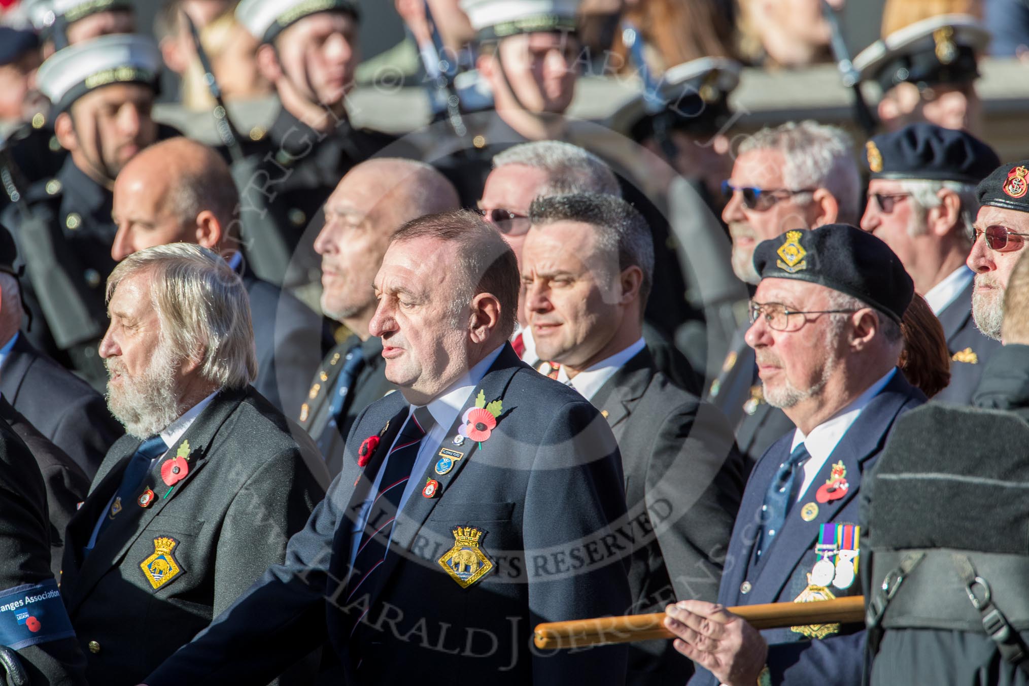 HMS Ganges Association  (Group E20, 30 members) during the Royal British Legion March Past on Remembrance Sunday at the Cenotaph, Whitehall, Westminster, London, 11 November 2018, 11:44.