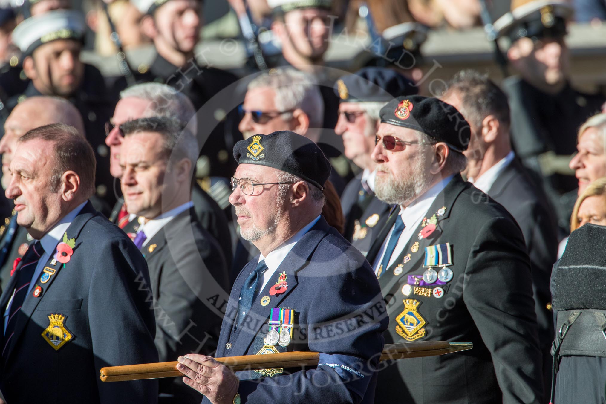 HMS Ganges Association  (Group E20, 30 members) during the Royal British Legion March Past on Remembrance Sunday at the Cenotaph, Whitehall, Westminster, London, 11 November 2018, 11:44.