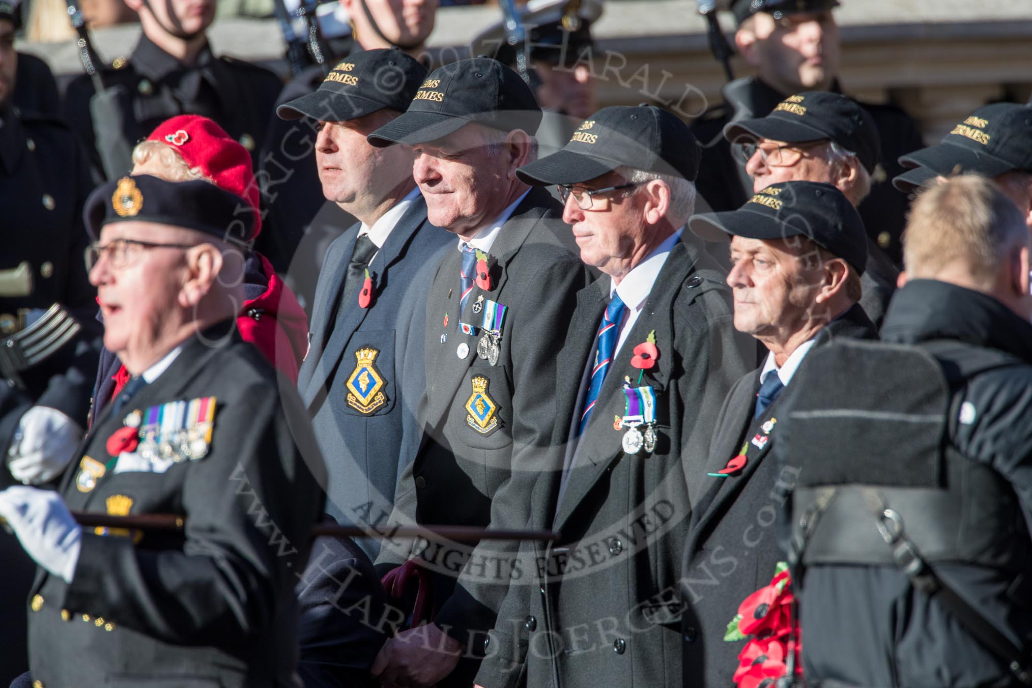 HMS Hermes Association  (Group E21, 30 members) during the Royal British Legion March Past on Remembrance Sunday at the Cenotaph, Whitehall, Westminster, London, 11 November 2018, 11:44.