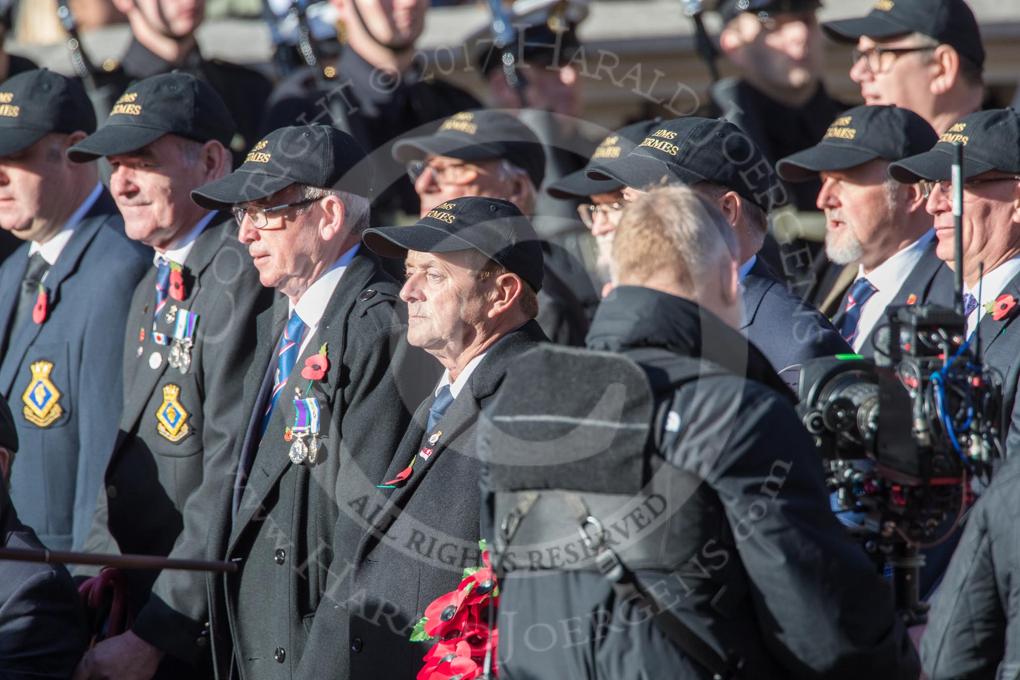 HMS Hermes Association  (Group E21, 30 members) during the Royal British Legion March Past on Remembrance Sunday at the Cenotaph, Whitehall, Westminster, London, 11 November 2018, 11:44.