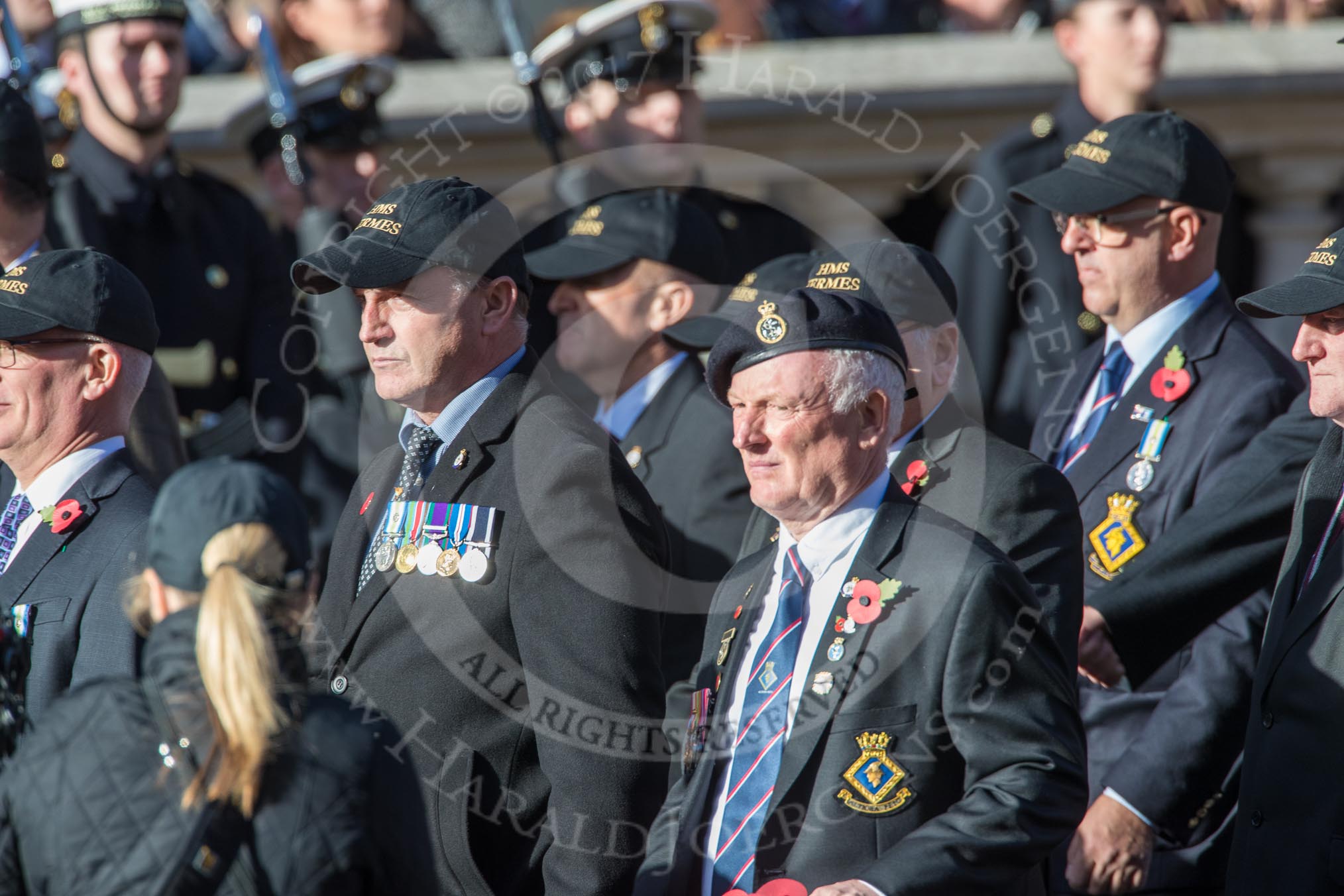 HMS Hermes Association  (Group E21, 30 members) during the Royal British Legion March Past on Remembrance Sunday at the Cenotaph, Whitehall, Westminster, London, 11 November 2018, 11:44.