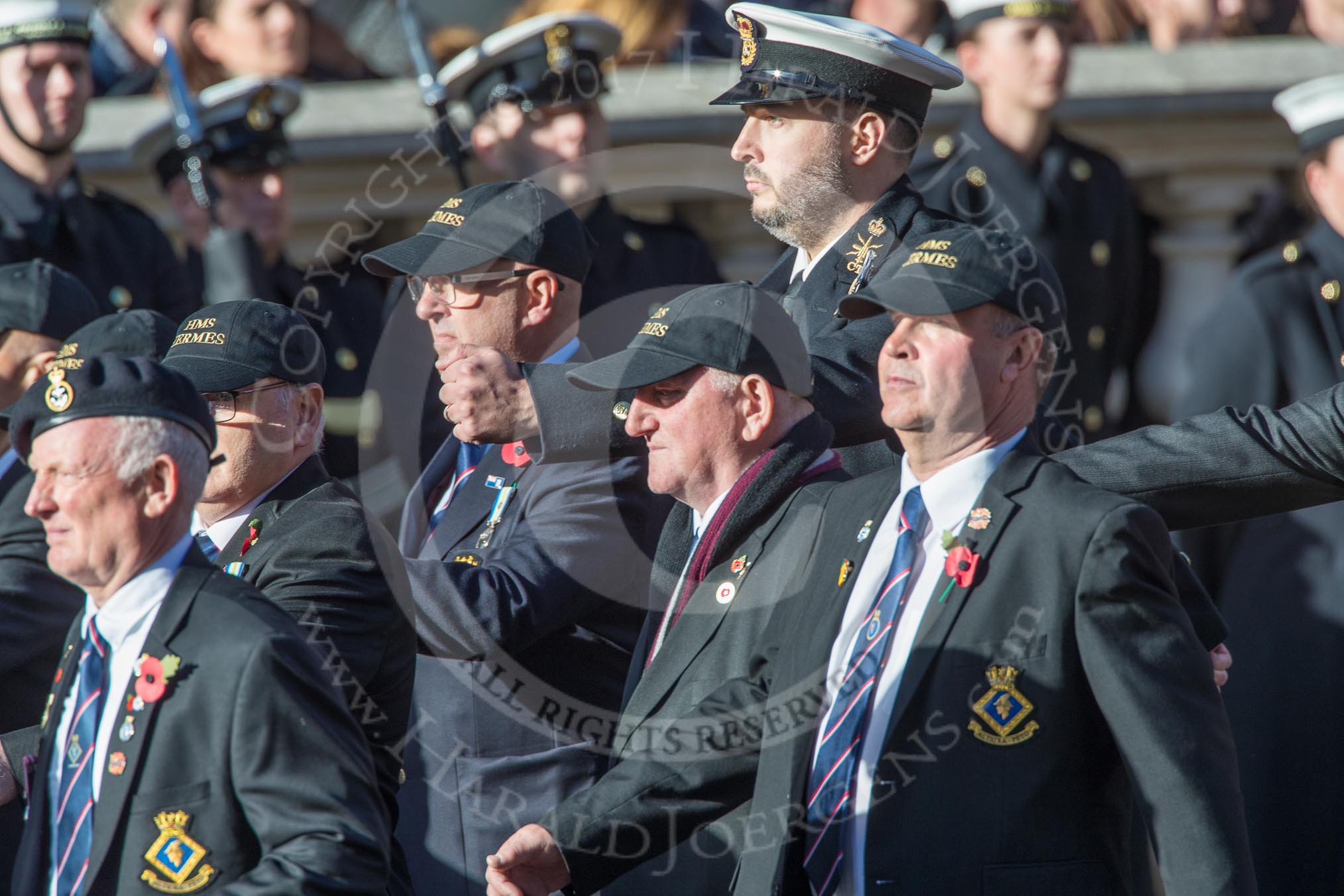 HMS Hermes Association  (Group E21, 30 members) during the Royal British Legion March Past on Remembrance Sunday at the Cenotaph, Whitehall, Westminster, London, 11 November 2018, 11:44.