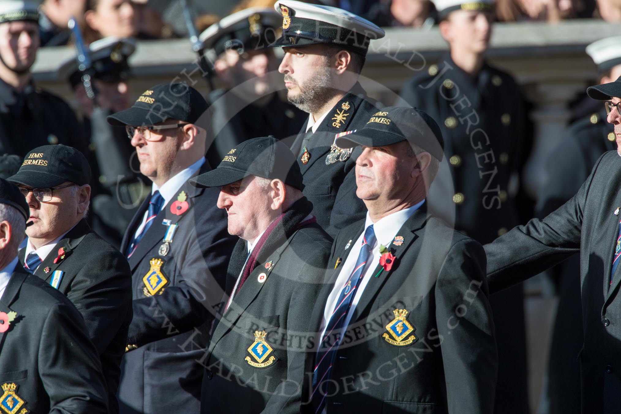 HMS Hermes Association  (Group E21, 30 members) during the Royal British Legion March Past on Remembrance Sunday at the Cenotaph, Whitehall, Westminster, London, 11 November 2018, 11:44.