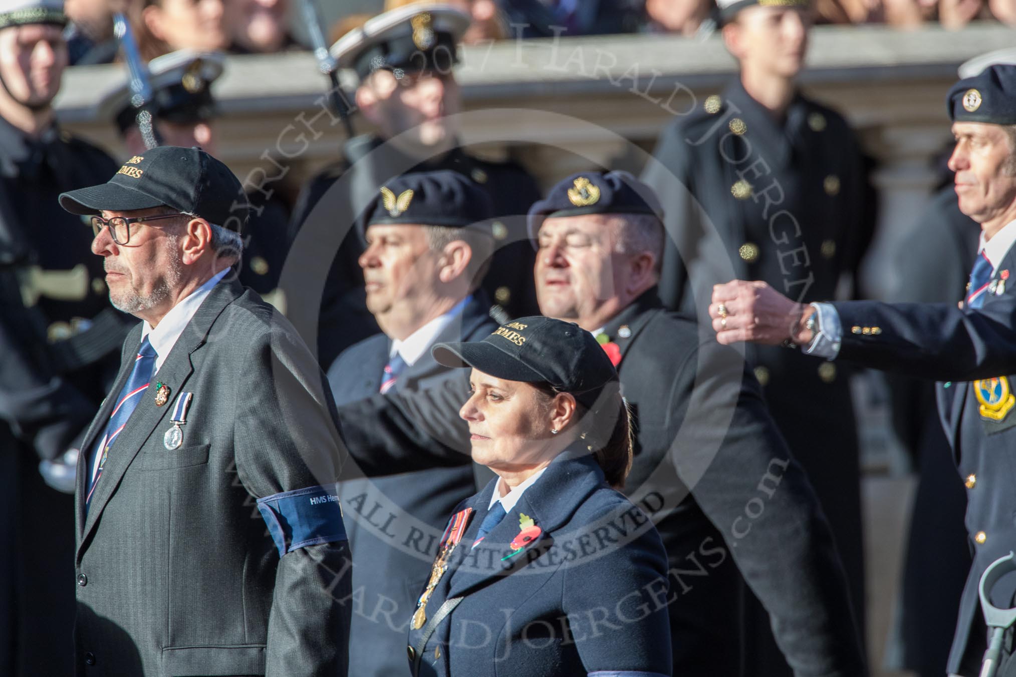 HMS Hermes Association  (Group E21, 30 members) during the Royal British Legion March Past on Remembrance Sunday at the Cenotaph, Whitehall, Westminster, London, 11 November 2018, 11:44.