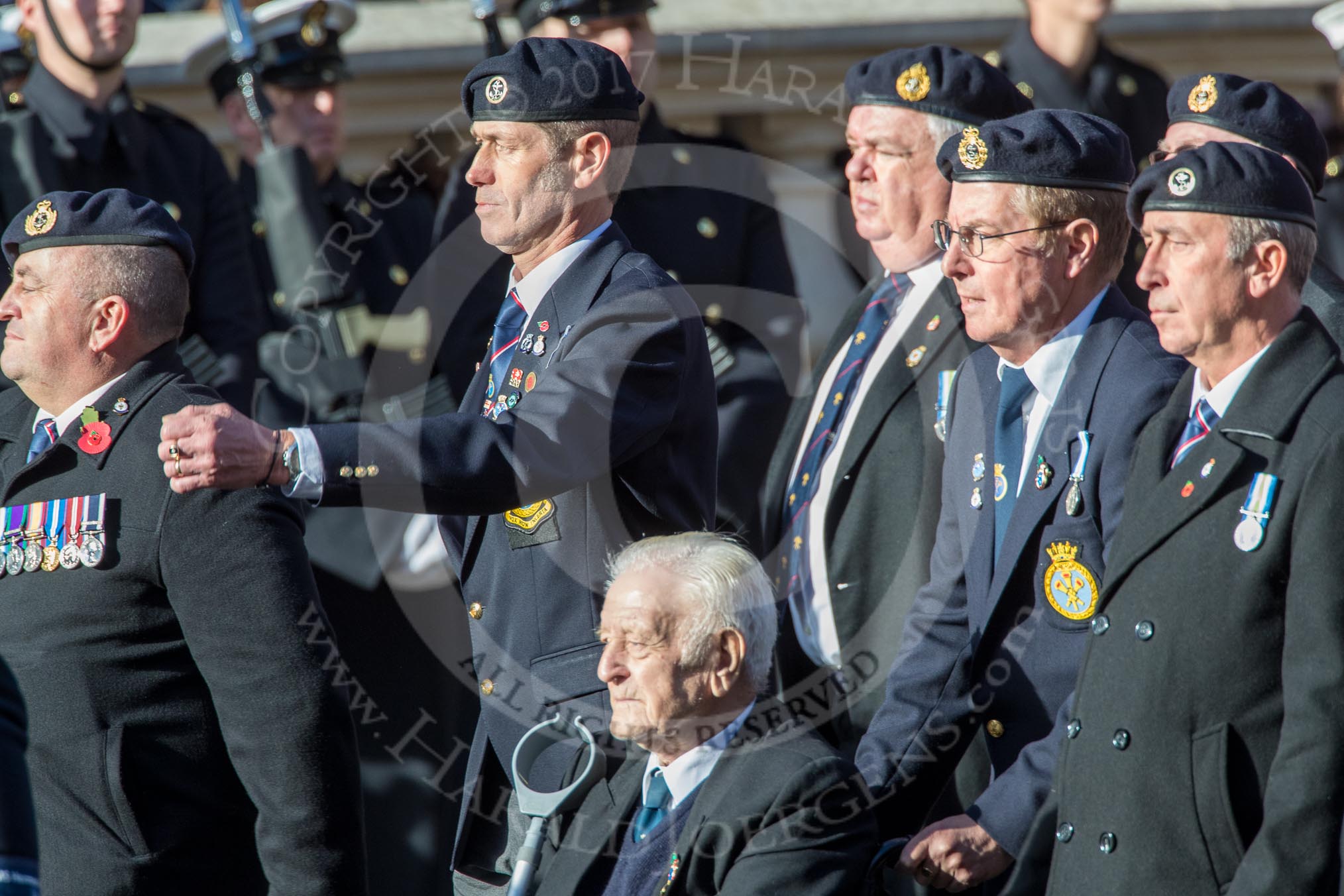 HMS Illustrious Association  (Group E22, 45 members) during the Royal British Legion March Past on Remembrance Sunday at the Cenotaph, Whitehall, Westminster, London, 11 November 2018, 11:44.