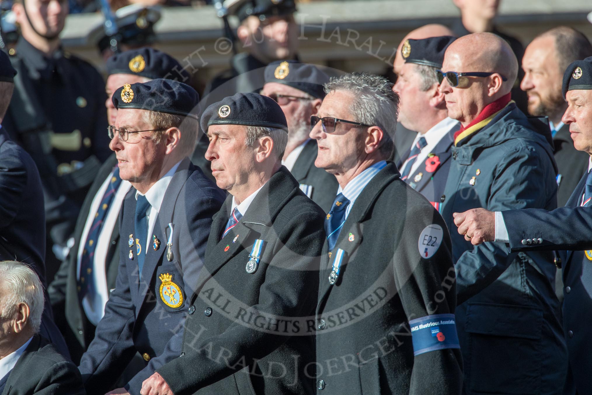 HMS Illustrious Association  (Group E22, 45 members) during the Royal British Legion March Past on Remembrance Sunday at the Cenotaph, Whitehall, Westminster, London, 11 November 2018, 11:44.