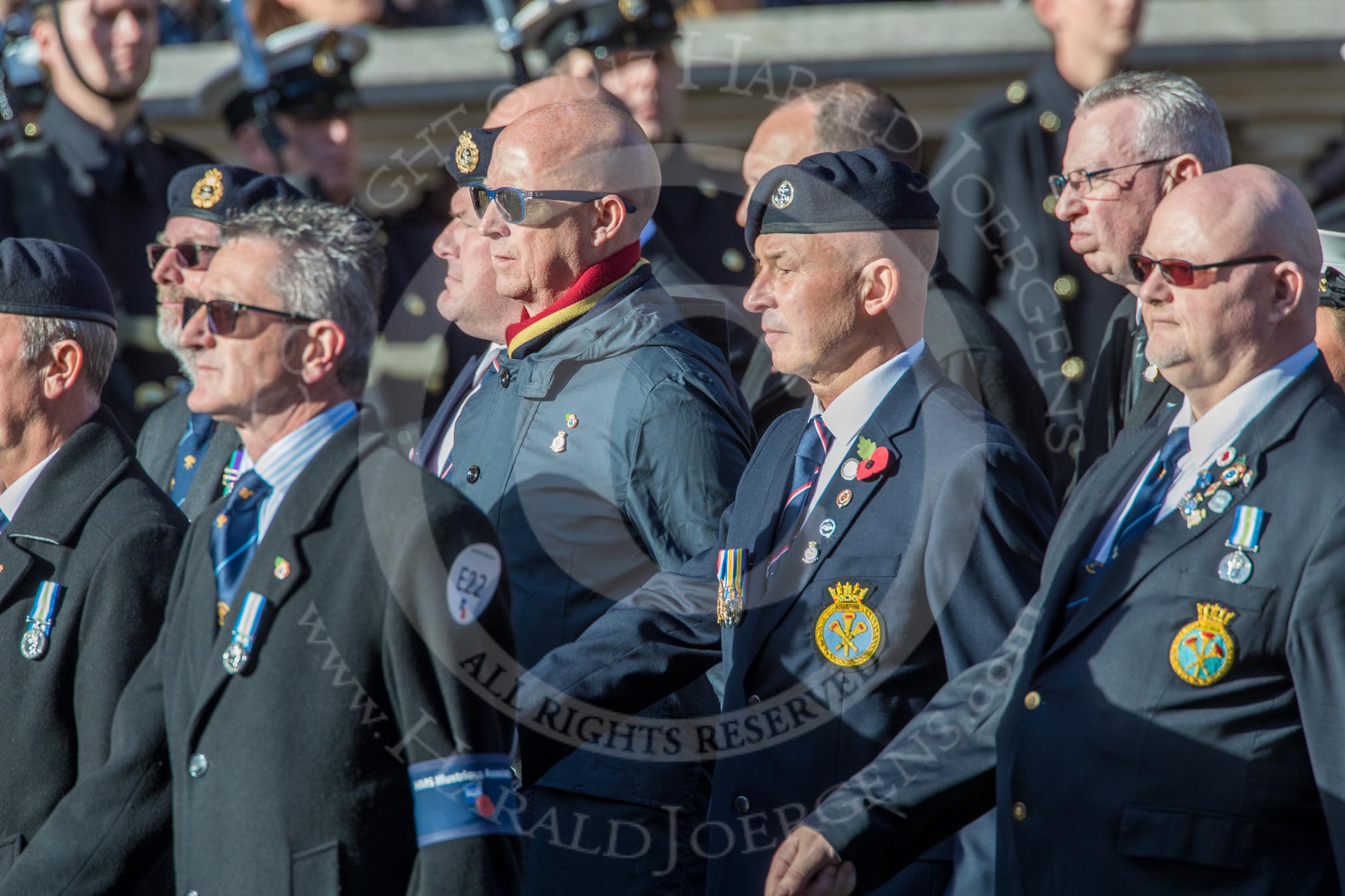 HMS Illustrious Association  (Group E22, 45 members) during the Royal British Legion March Past on Remembrance Sunday at the Cenotaph, Whitehall, Westminster, London, 11 November 2018, 11:44.