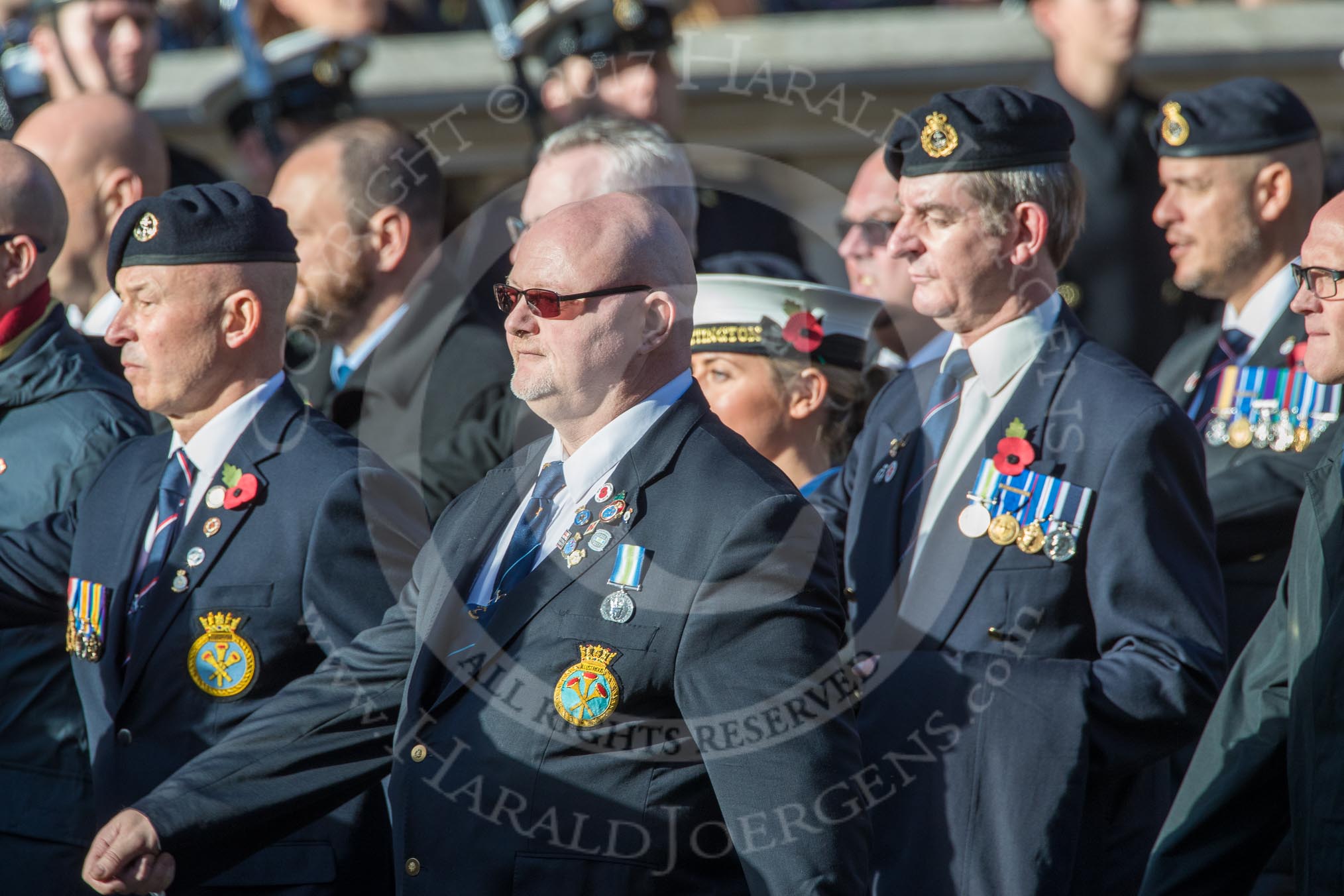 HMS Illustrious Association  (Group E22, 45 members) during the Royal British Legion March Past on Remembrance Sunday at the Cenotaph, Whitehall, Westminster, London, 11 November 2018, 11:44.