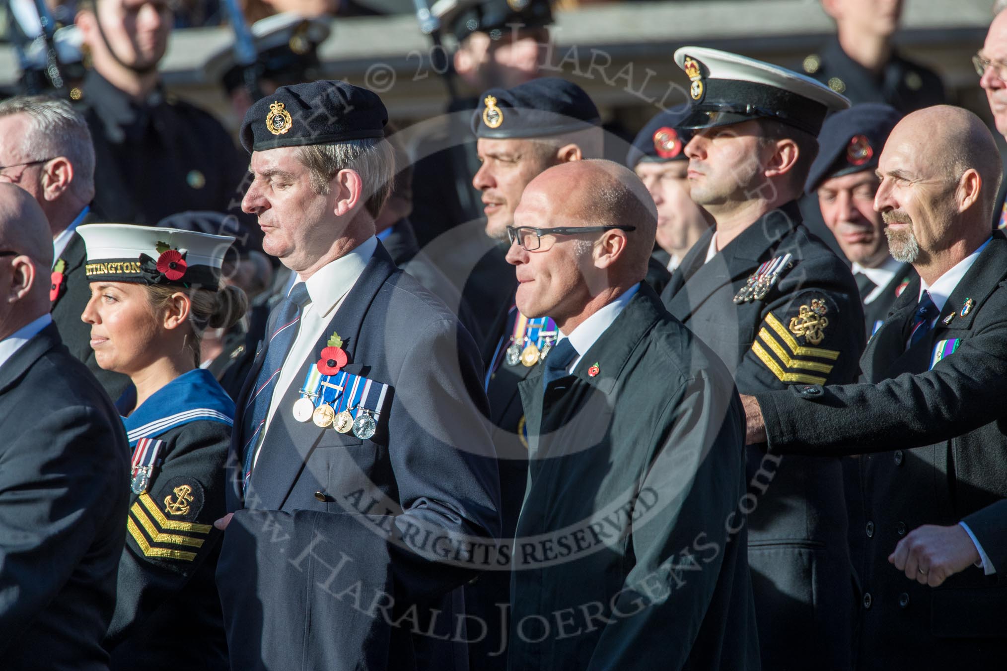 HMS Illustrious Association  (Group E22, 45 members) during the Royal British Legion March Past on Remembrance Sunday at the Cenotaph, Whitehall, Westminster, London, 11 November 2018, 11:44.