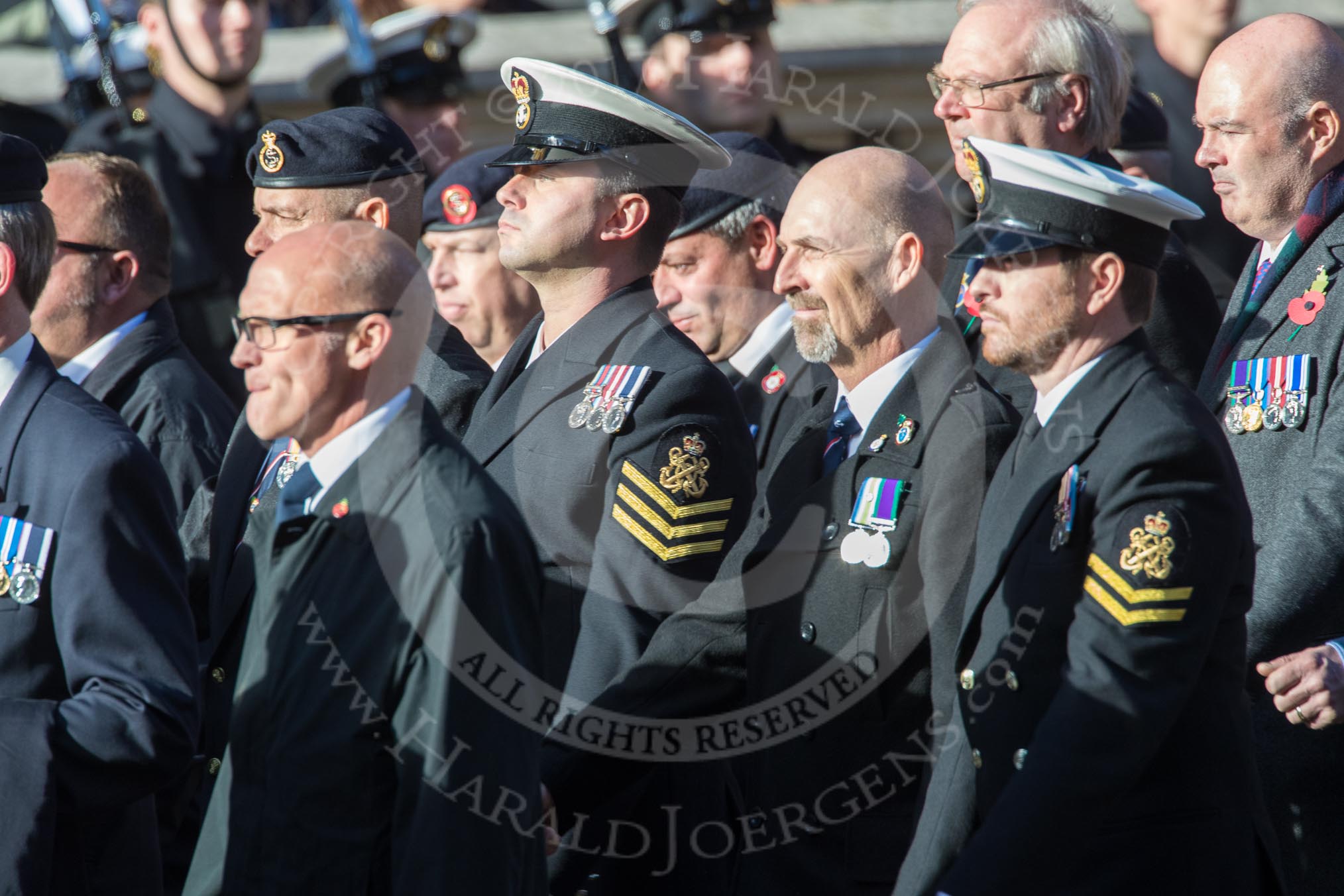 HMS Illustrious Association  (Group E22, 45 members) during the Royal British Legion March Past on Remembrance Sunday at the Cenotaph, Whitehall, Westminster, London, 11 November 2018, 11:44.