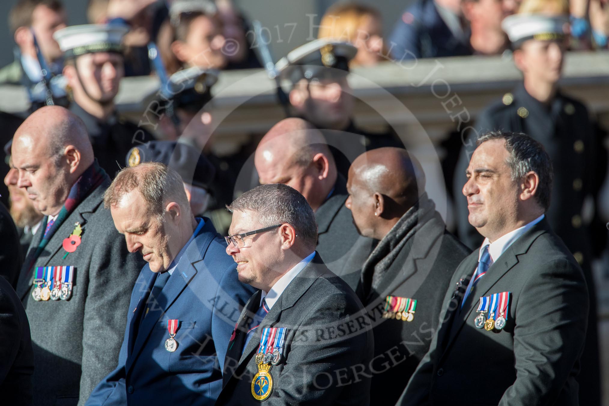 The Royal Marines Association  (Group E2, 59 members) during the Royal British Legion March Past on Remembrance Sunday at the Cenotaph, Whitehall, Westminster, London, 11 November 2018, 11:44.