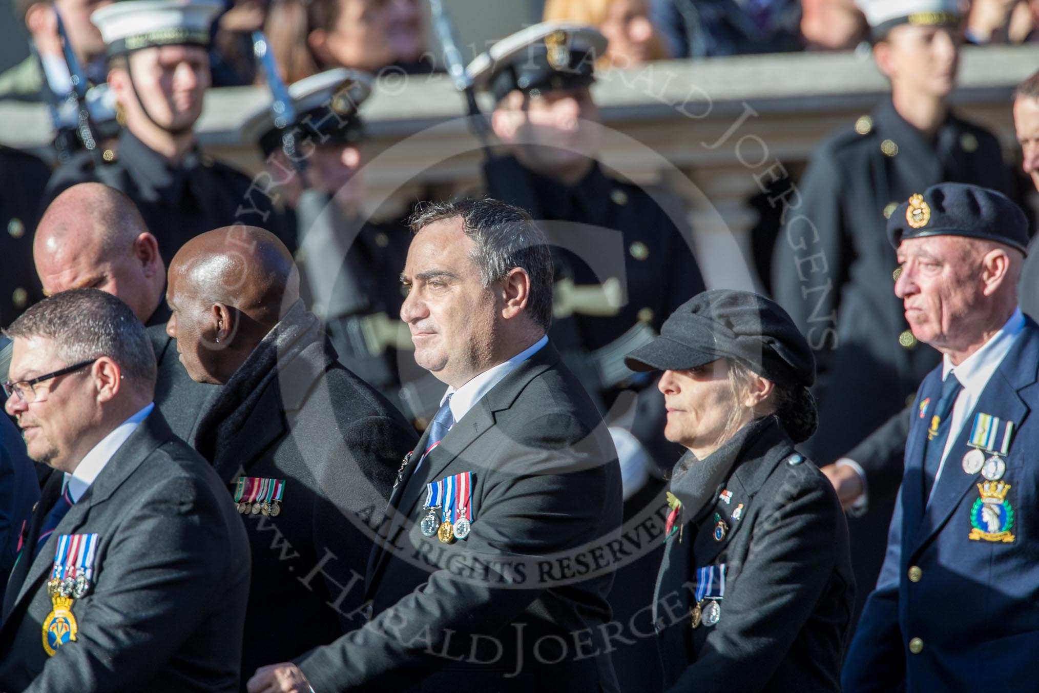 HMS Illustrious Association  (Group E22, 45 members) during the Royal British Legion March Past on Remembrance Sunday at the Cenotaph, Whitehall, Westminster, London, 11 November 2018, 11:44.