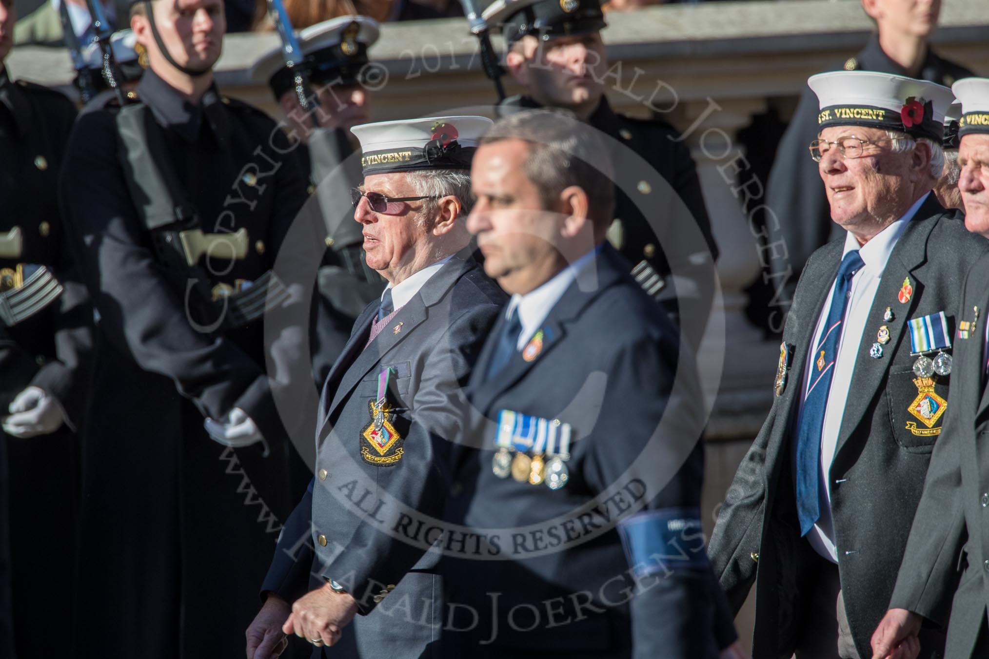 HMS St. Vincent Association  (Group E24, 14 members) during the Royal British Legion March Past on Remembrance Sunday at the Cenotaph, Whitehall, Westminster, London, 11 November 2018, 11:44.