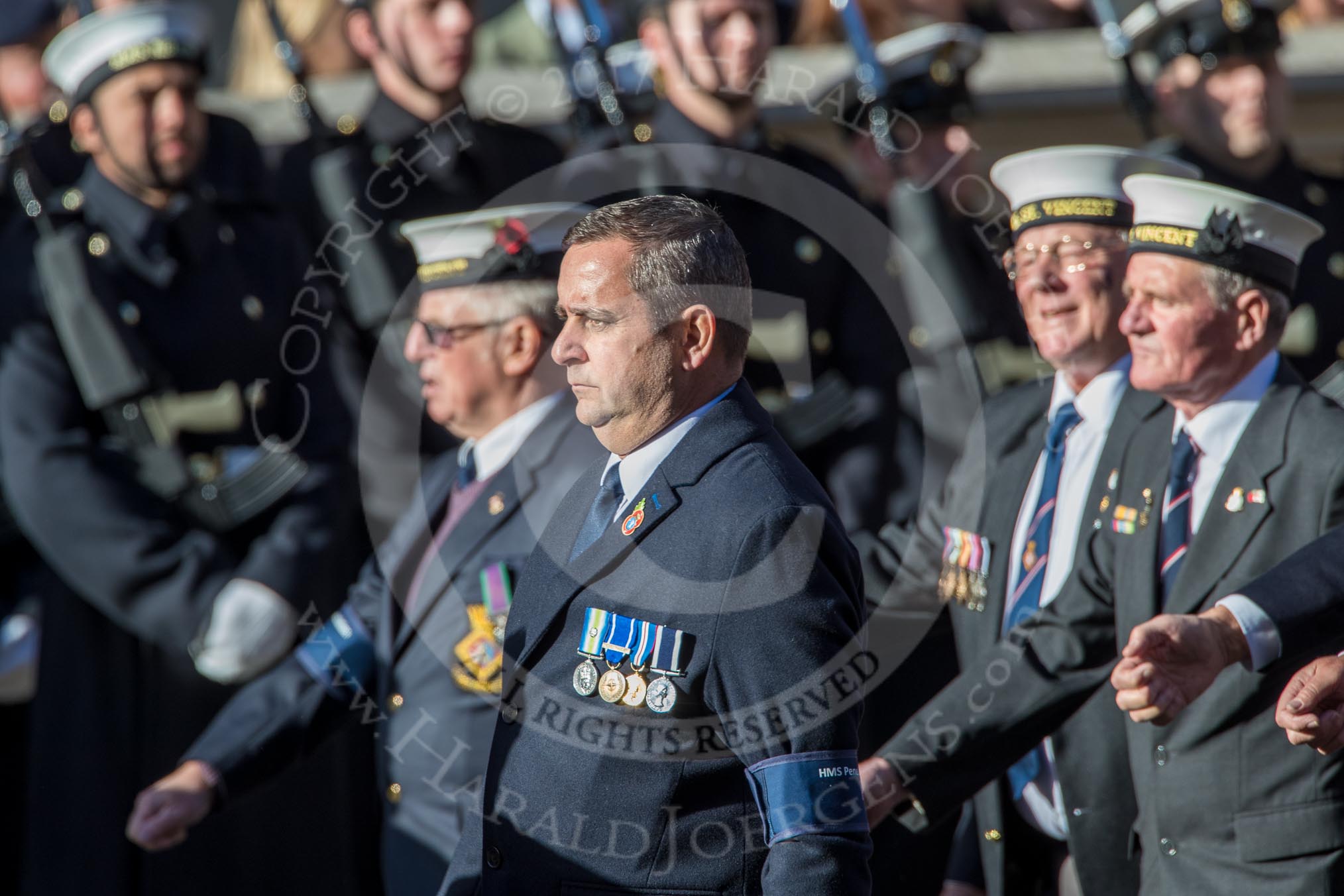 HMS St. Vincent Association  (Group E24, 14 members) during the Royal British Legion March Past on Remembrance Sunday at the Cenotaph, Whitehall, Westminster, London, 11 November 2018, 11:44.