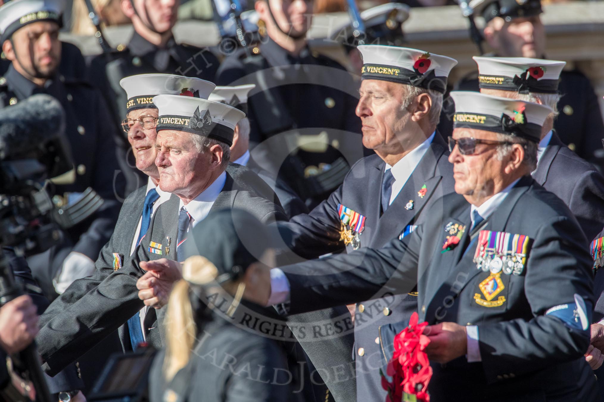 HMS St. Vincent Association  (Group E24, 14 members) during the Royal British Legion March Past on Remembrance Sunday at the Cenotaph, Whitehall, Westminster, London, 11 November 2018, 11:44.