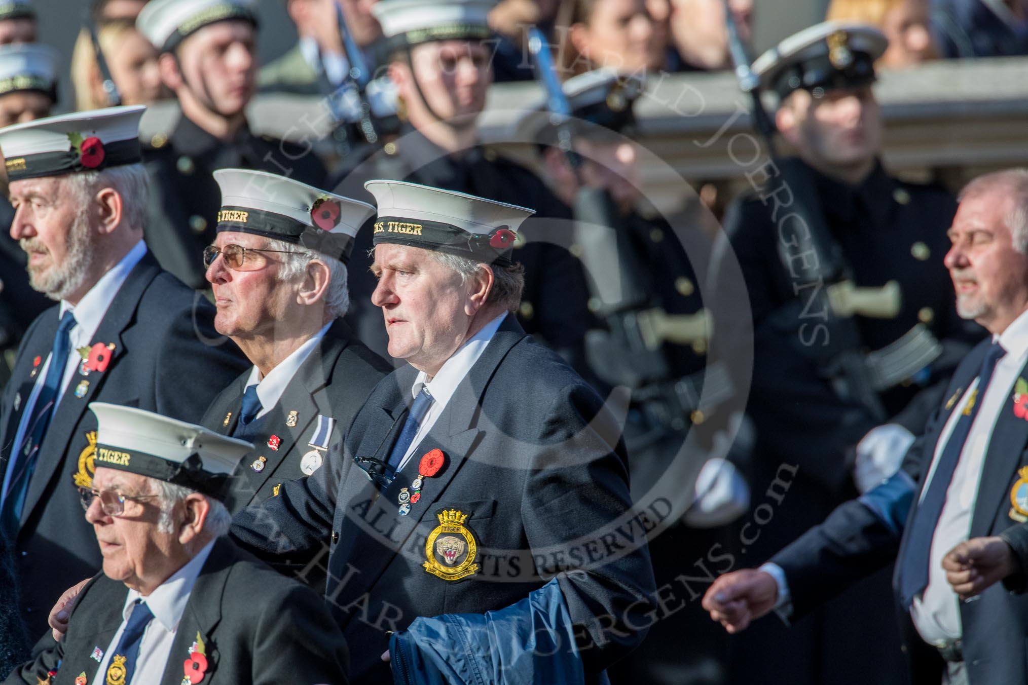 HMS Tiger Association (Group E25, 11 members) during the Royal British Legion March Past on Remembrance Sunday at the Cenotaph, Whitehall, Westminster, London, 11 November 2018, 11:44.