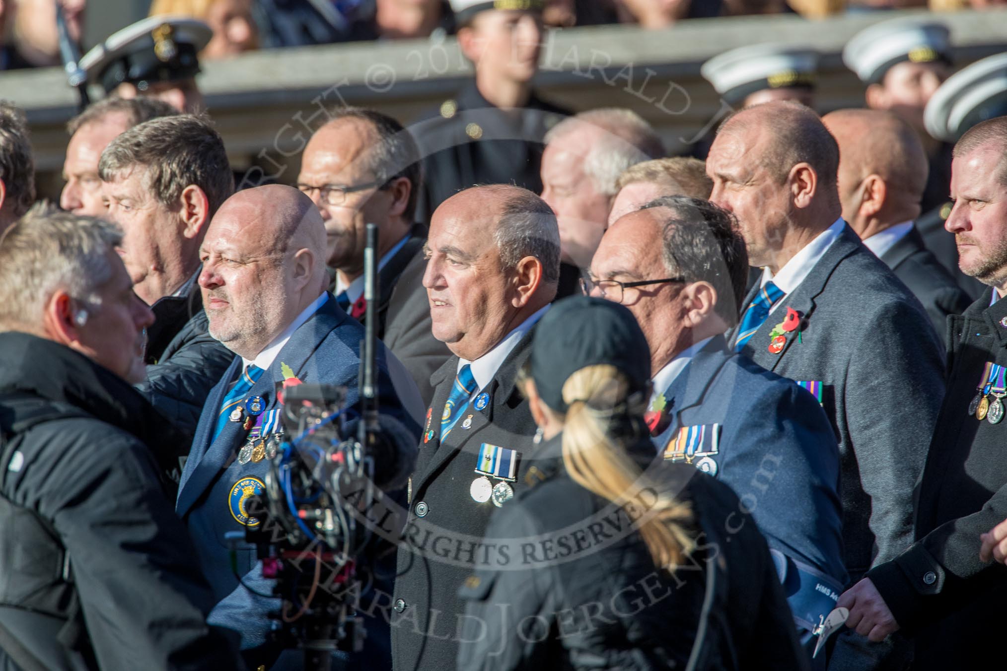 HMS Ark Royal Association  (Group E27, 28 members) during the Royal British Legion March Past on Remembrance Sunday at the Cenotaph, Whitehall, Westminster, London, 11 November 2018, 11:44.