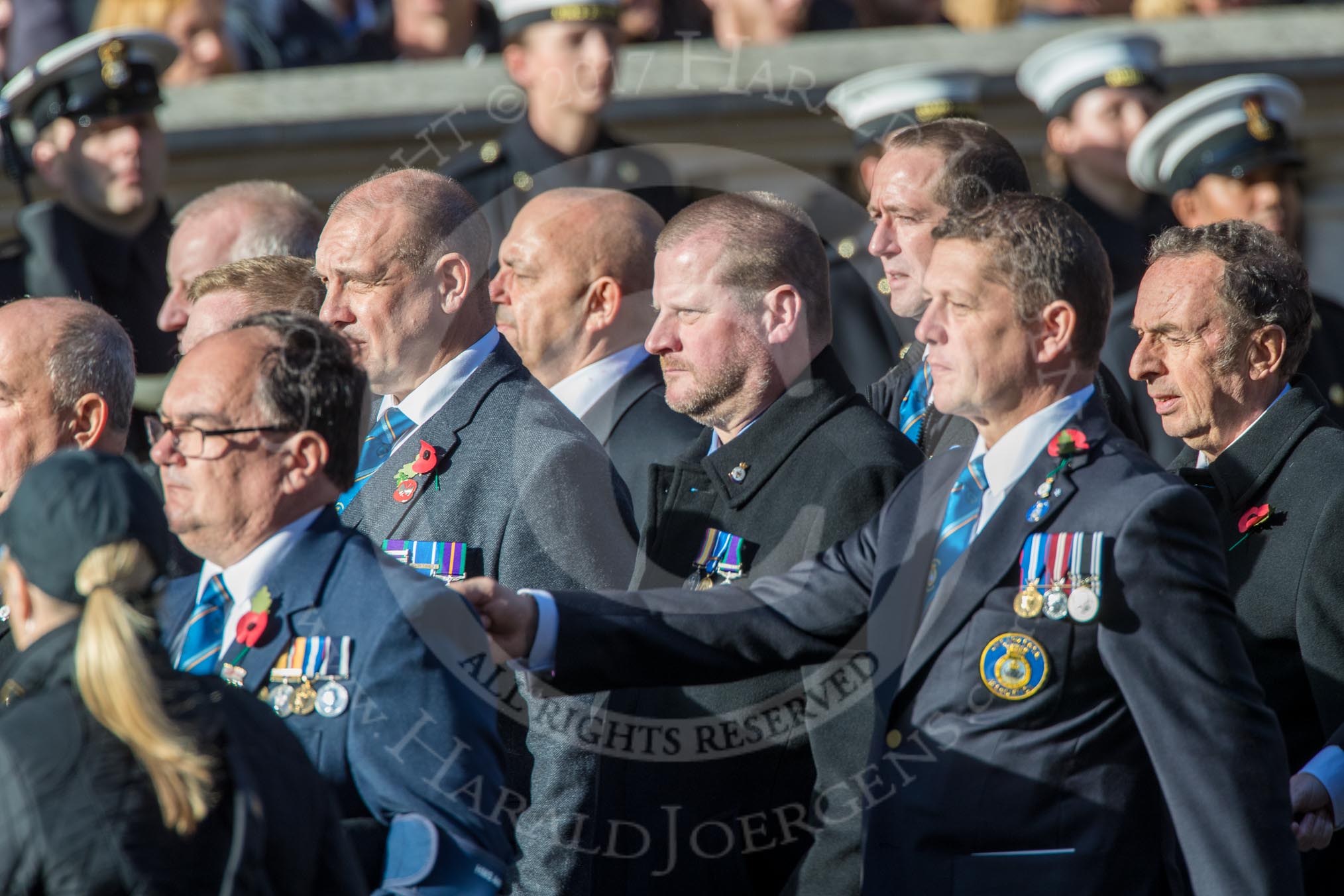 HMS Ark Royal Association  (Group E27, 28 members) during the Royal British Legion March Past on Remembrance Sunday at the Cenotaph, Whitehall, Westminster, London, 11 November 2018, 11:44.