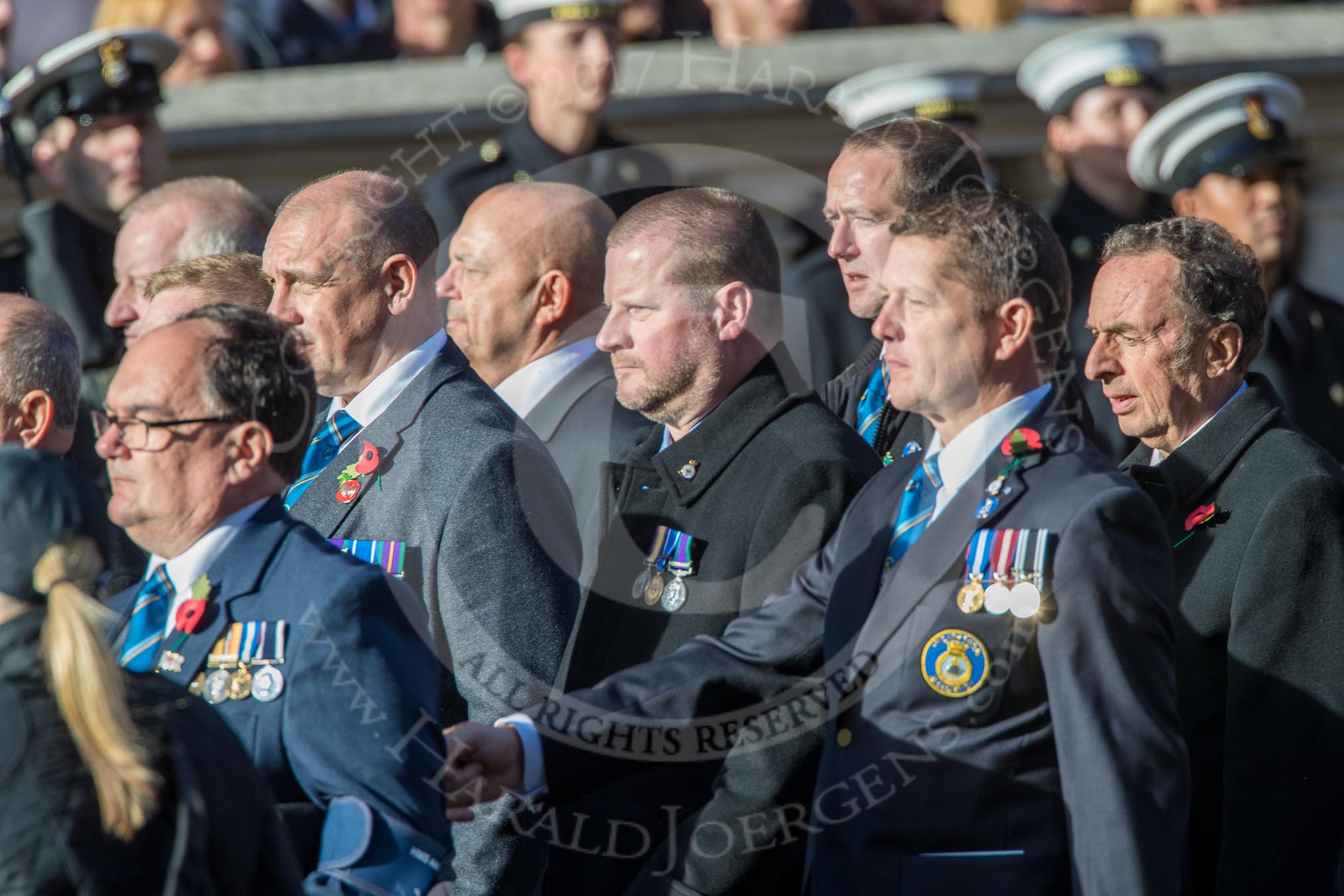 HMS Ark Royal Association  (Group E27, 28 members) during the Royal British Legion March Past on Remembrance Sunday at the Cenotaph, Whitehall, Westminster, London, 11 November 2018, 11:44.