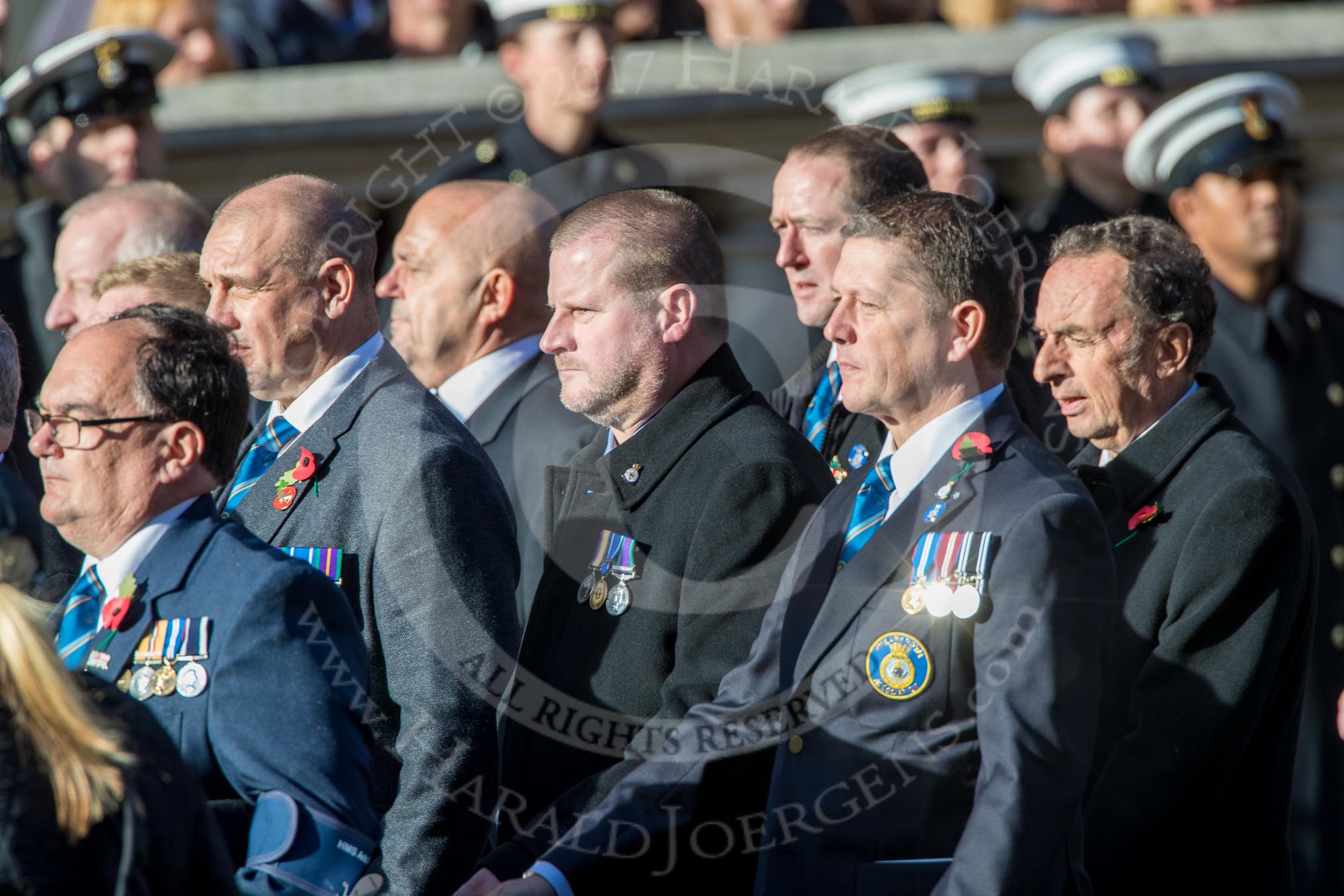 HMS Ark Royal Association  (Group E27, 28 members) during the Royal British Legion March Past on Remembrance Sunday at the Cenotaph, Whitehall, Westminster, London, 11 November 2018, 11:44.