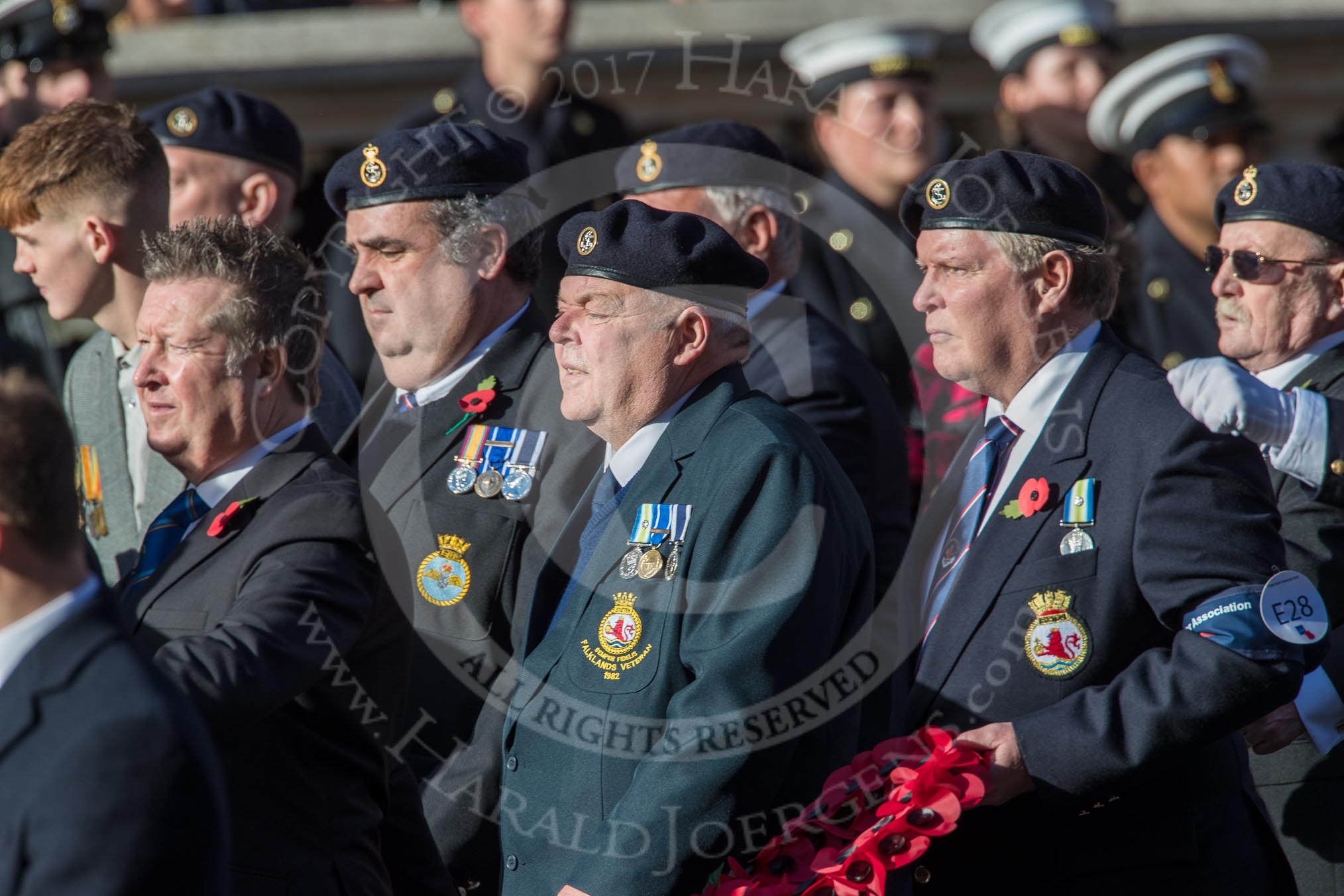 HMS Exeter Association  (Group E28, 25 members) during the Royal British Legion March Past on Remembrance Sunday at the Cenotaph, Whitehall, Westminster, London, 11 November 2018, 11:44.