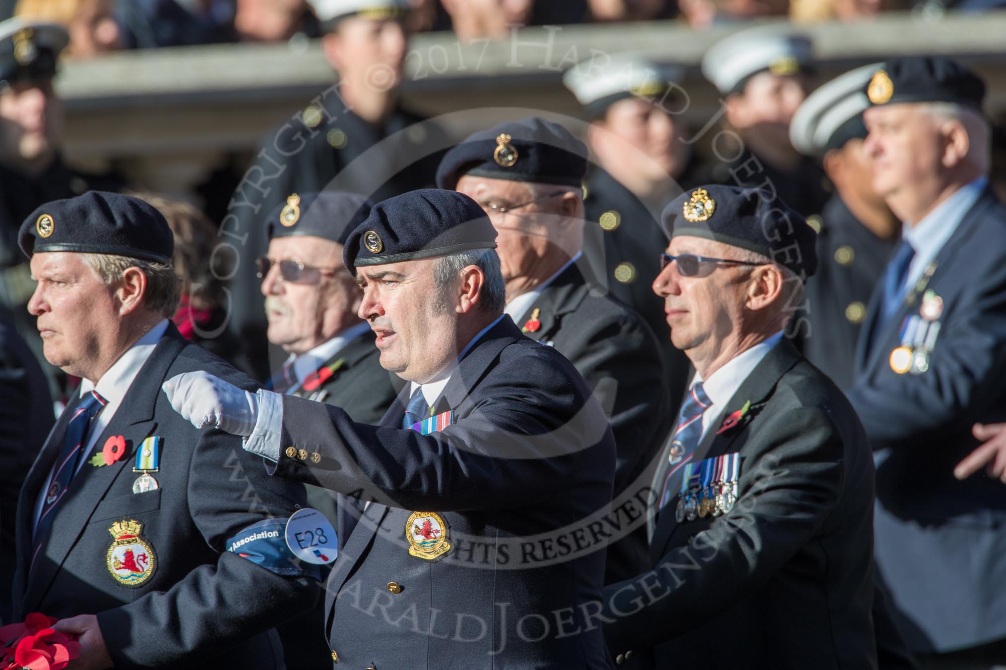 HMS Exeter Association  (Group E28, 25 members) during the Royal British Legion March Past on Remembrance Sunday at the Cenotaph, Whitehall, Westminster, London, 11 November 2018, 11:44.