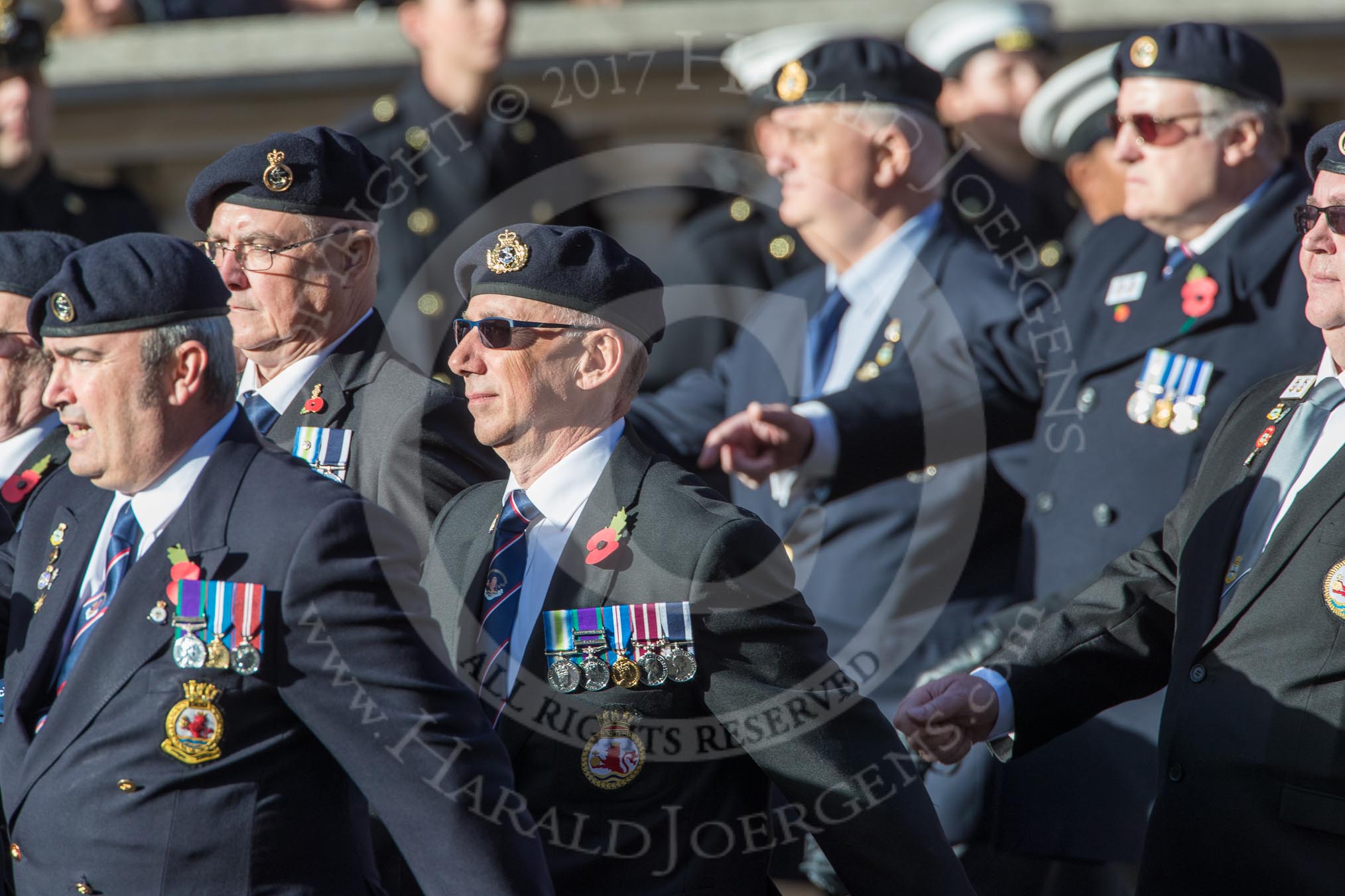 HMS Exeter Association  (Group E28, 25 members) during the Royal British Legion March Past on Remembrance Sunday at the Cenotaph, Whitehall, Westminster, London, 11 November 2018, 11:44.