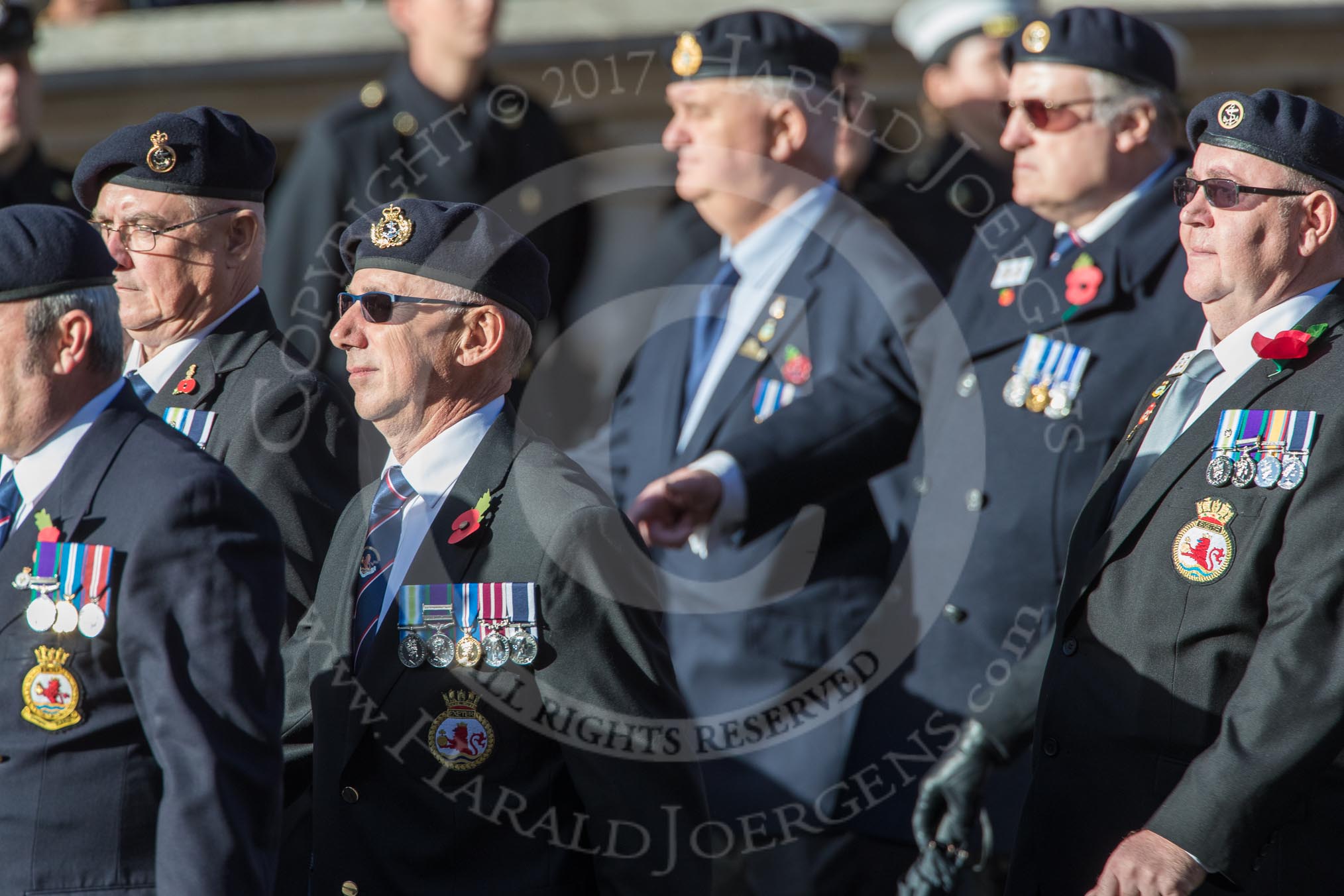 HMS Exeter Association  (Group E28, 25 members) during the Royal British Legion March Past on Remembrance Sunday at the Cenotaph, Whitehall, Westminster, London, 11 November 2018, 11:44.