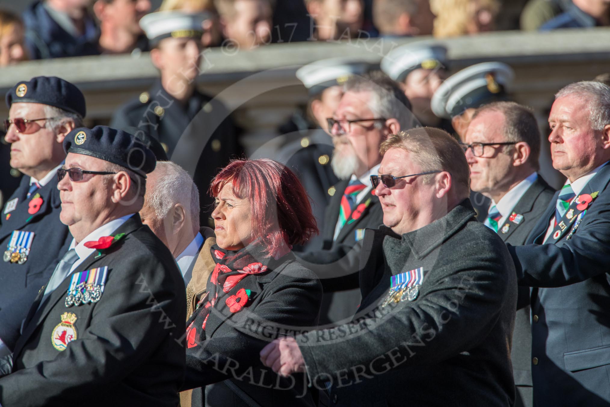 HMS Glasgow Association  (Group E29, 29 members) during the Royal British Legion March Past on Remembrance Sunday at the Cenotaph, Whitehall, Westminster, London, 11 November 2018, 11:44.