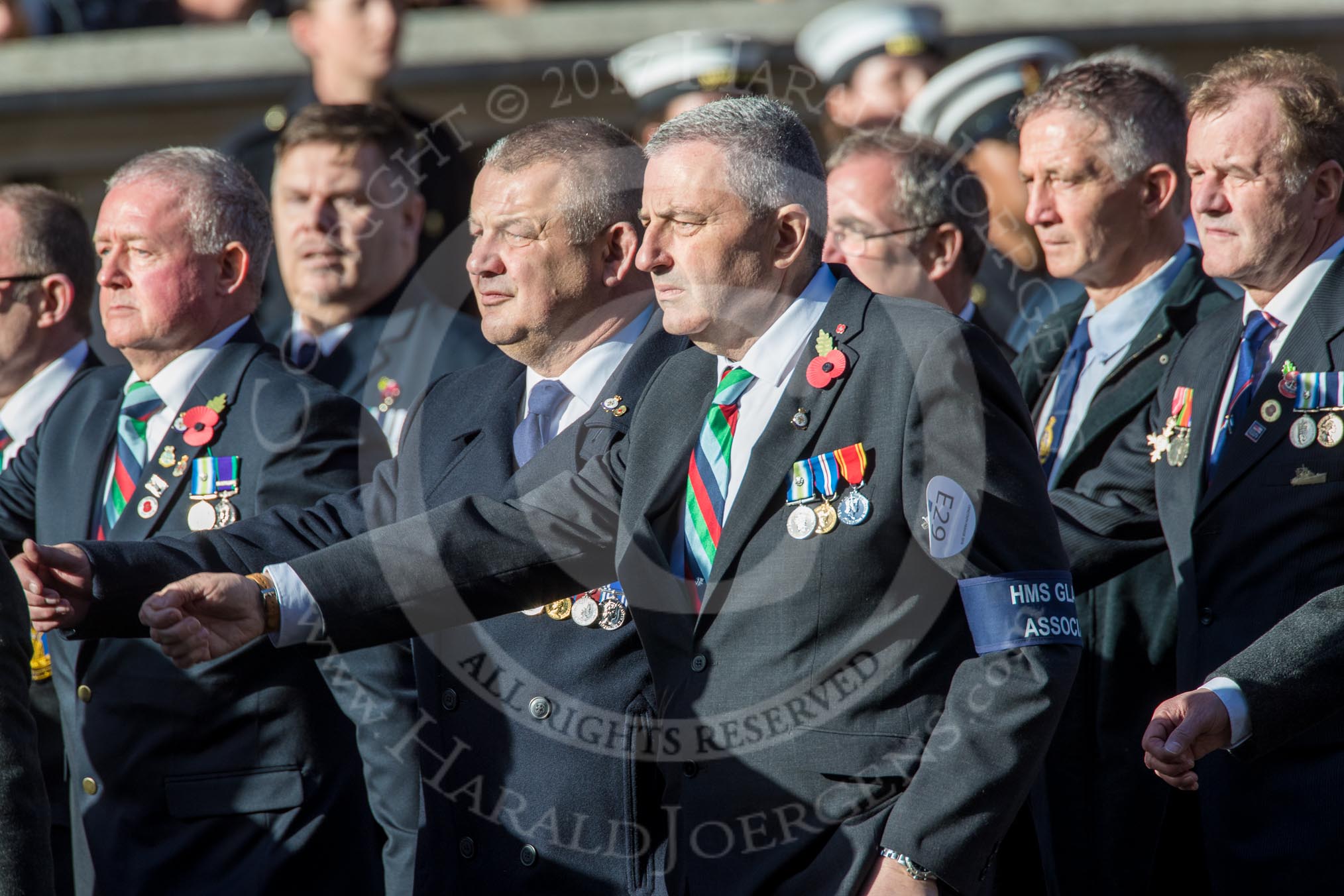 HMS Glasgow Association  (Group E29, 29 members) during the Royal British Legion March Past on Remembrance Sunday at the Cenotaph, Whitehall, Westminster, London, 11 November 2018, 11:44.