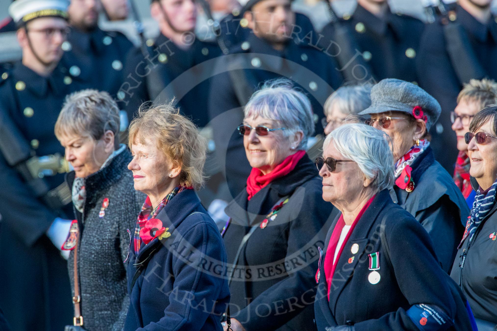 Queen Alexandra's Royal Naval Nursing Service Association  (Group E32, 32 members) during the Royal British Legion March Past on Remembrance Sunday at the Cenotaph, Whitehall, Westminster, London, 11 November 2018, 11:45.