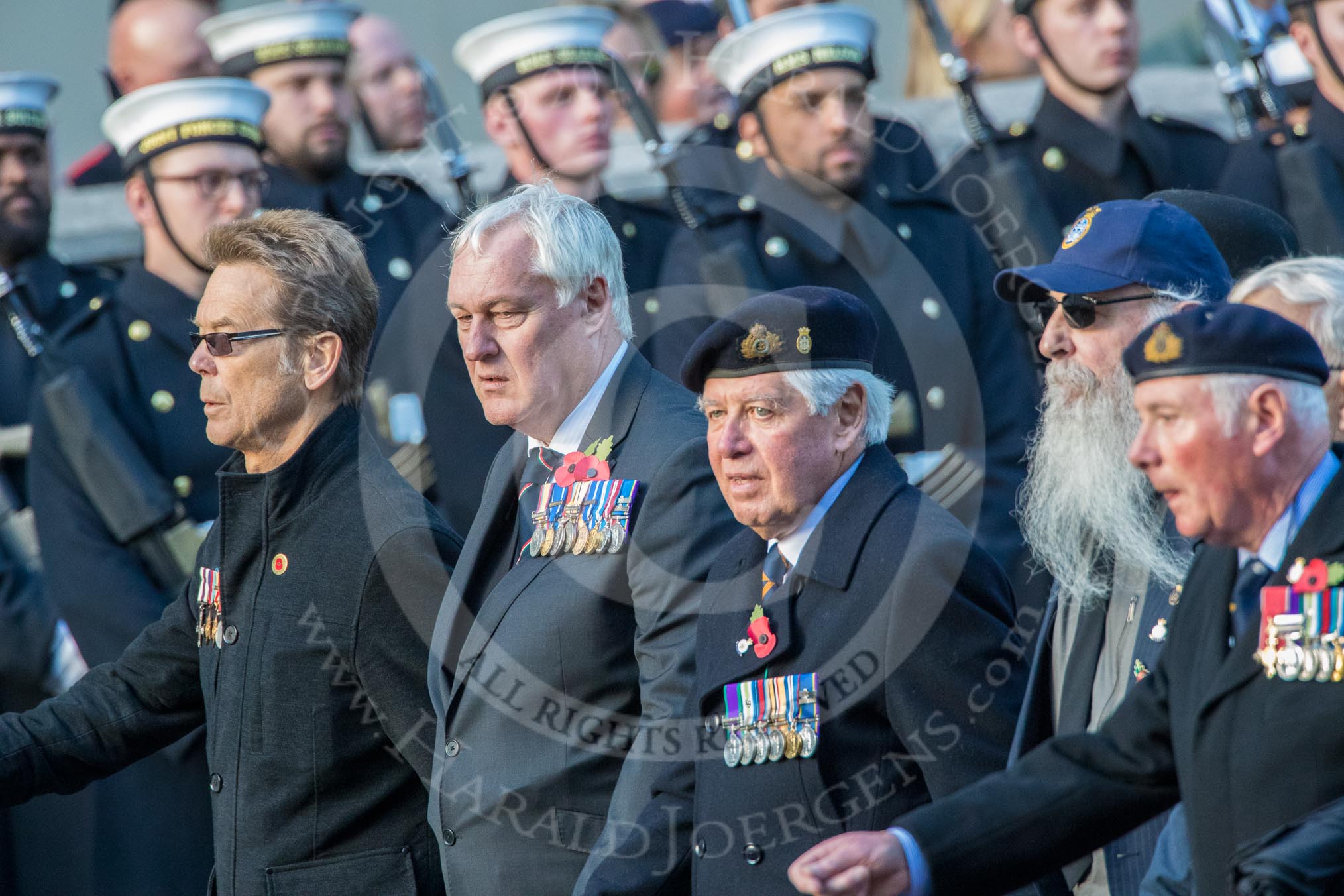 Royal Fleet Auxiliary Association  (Group E33, 15 members) during the Royal British Legion March Past on Remembrance Sunday at the Cenotaph, Whitehall, Westminster, London, 11 November 2018, 11:45.