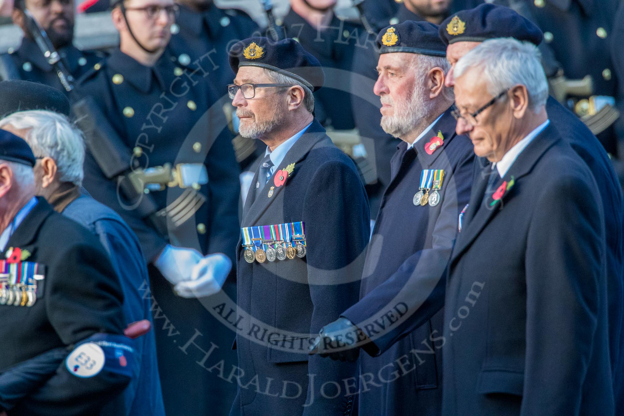 Royal Fleet Auxiliary Association  (Group E33, 15 members) during the Royal British Legion March Past on Remembrance Sunday at the Cenotaph, Whitehall, Westminster, London, 11 November 2018, 11:45.