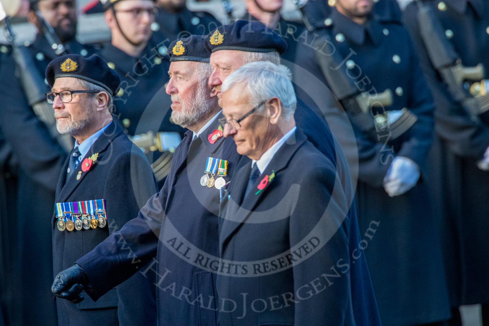 Royal Fleet Auxiliary Association  (Group E33, 15 members) during the Royal British Legion March Past on Remembrance Sunday at the Cenotaph, Whitehall, Westminster, London, 11 November 2018, 11:45.