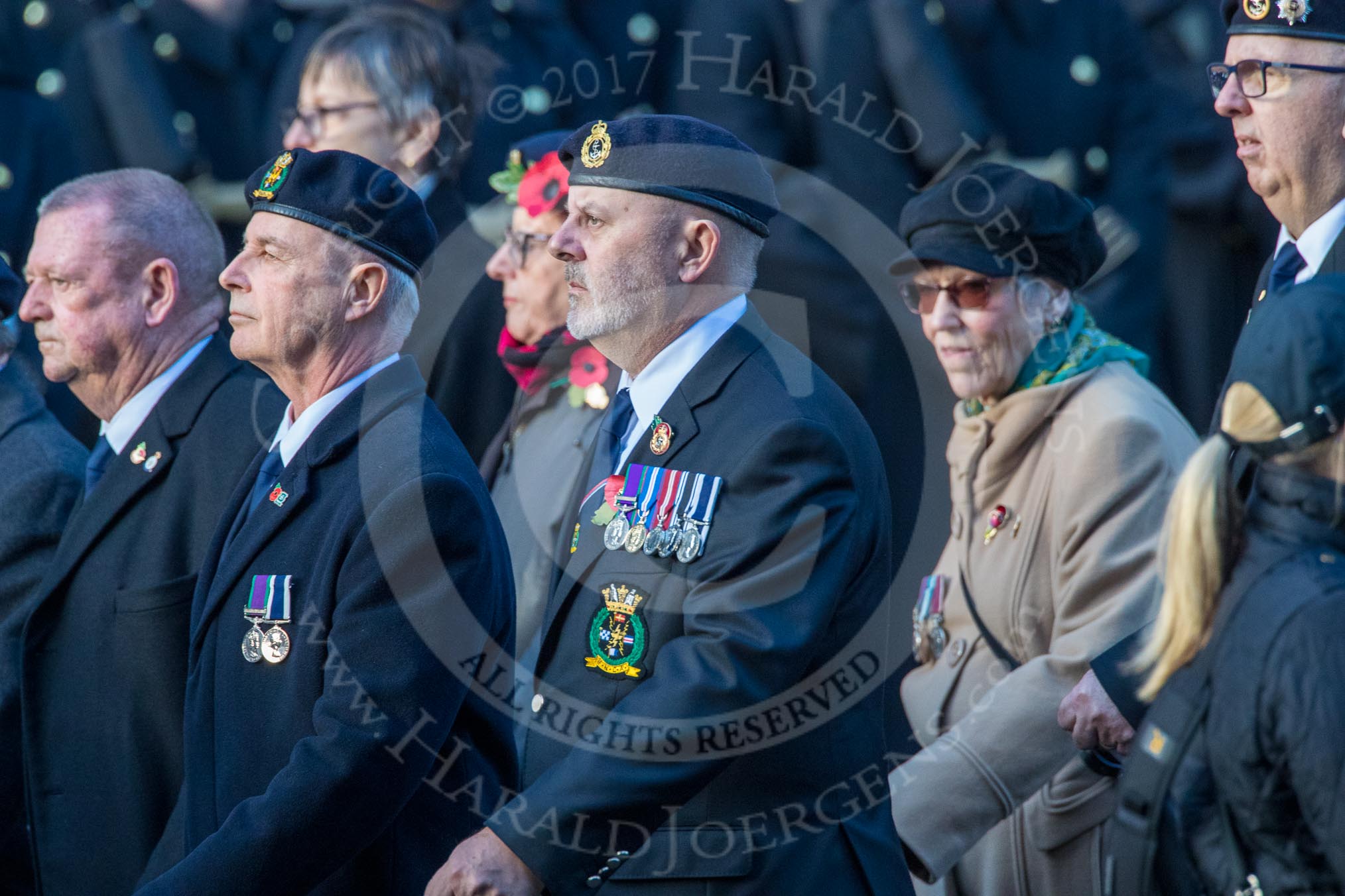 Royal Naval Communications Association  (RNCA) (Group E34, 21 members) during the Royal British Legion March Past on Remembrance Sunday at the Cenotaph, Whitehall, Westminster, London, 11 November 2018, 11:45.