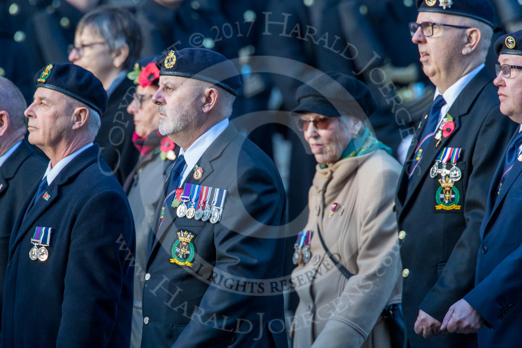 Royal Naval Communications Association  (RNCA) (Group E34, 21 members) during the Royal British Legion March Past on Remembrance Sunday at the Cenotaph, Whitehall, Westminster, London, 11 November 2018, 11:45.