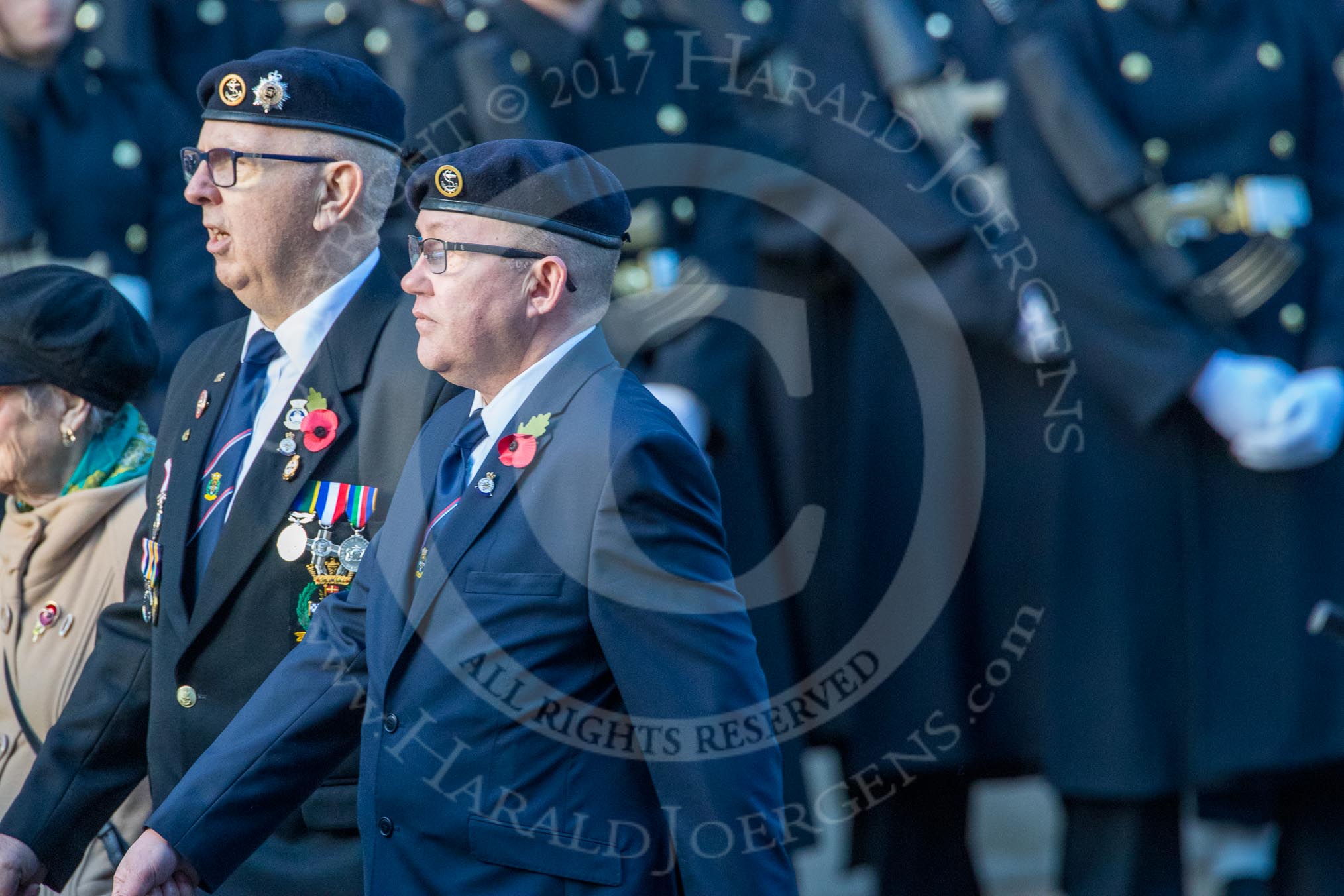 Royal Naval Communications Association  (RNCA) (Group E34, 21 members) during the Royal British Legion March Past on Remembrance Sunday at the Cenotaph, Whitehall, Westminster, London, 11 November 2018, 11:45.