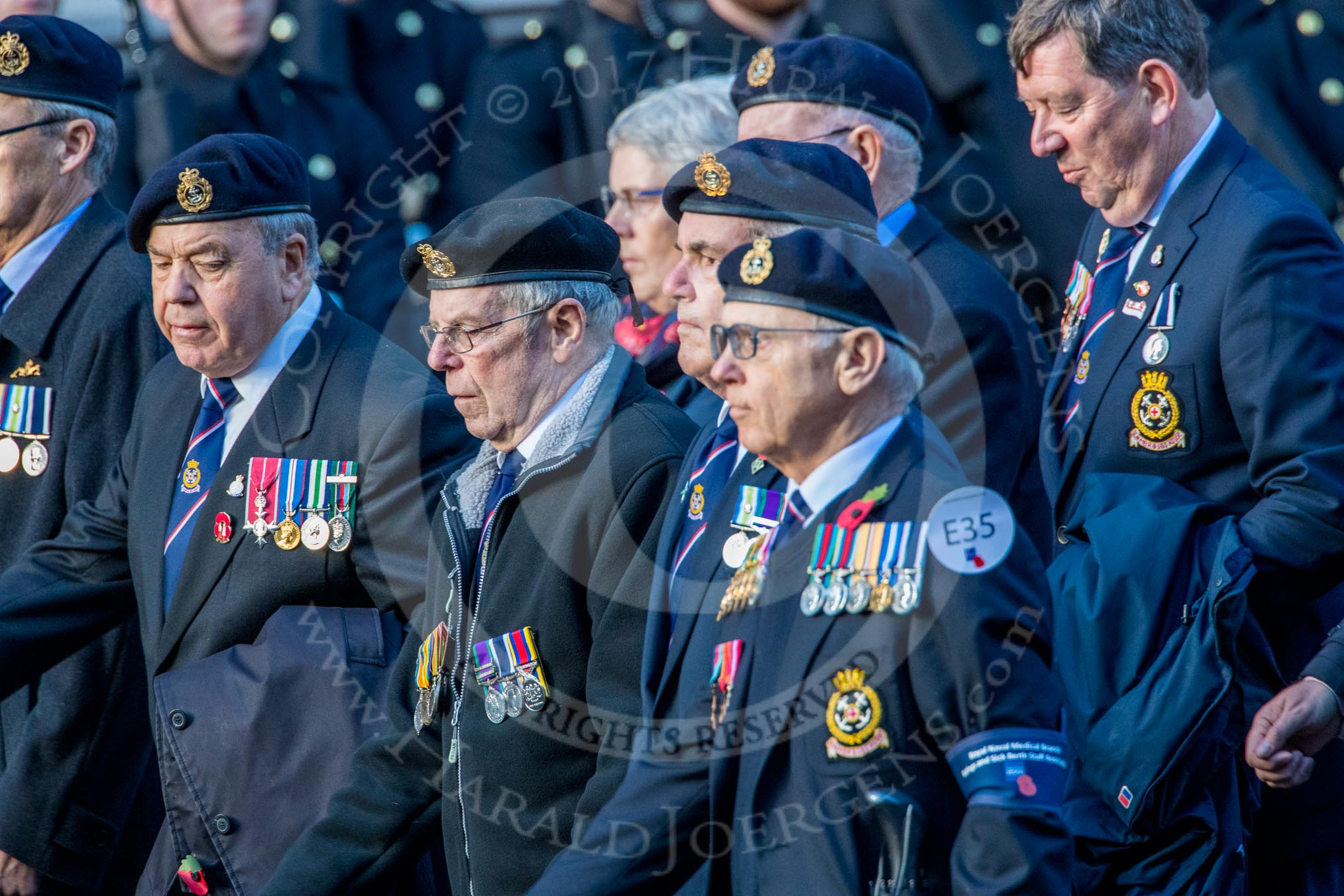 Royal Naval Medical Branch Ratings and Sick Berth Staff Association   (Group E35, 24 members) during the Royal British Legion March Past on Remembrance Sunday at the Cenotaph, Whitehall, Westminster, London, 11 November 2018, 11:45.