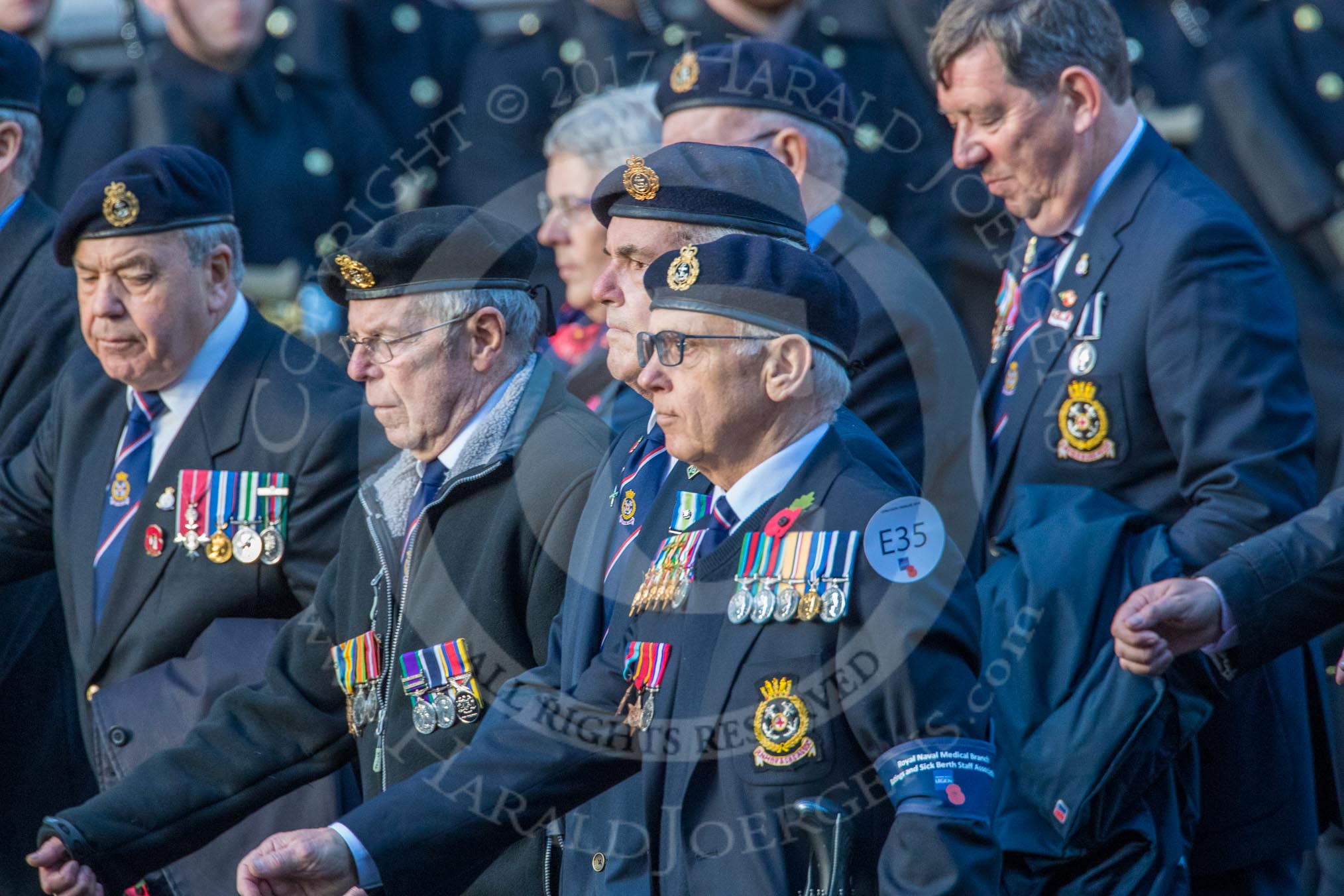 Royal Naval Medical Branch Ratings and Sick Berth Staff Association   (Group E35, 24 members) during the Royal British Legion March Past on Remembrance Sunday at the Cenotaph, Whitehall, Westminster, London, 11 November 2018, 11:45.