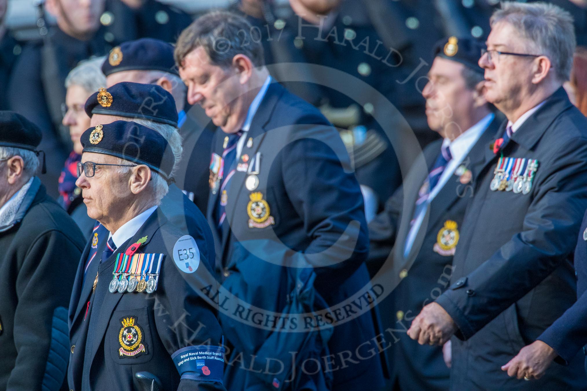 Royal Naval Medical Branch Ratings and Sick Berth Staff Association   (Group E35, 24 members) during the Royal British Legion March Past on Remembrance Sunday at the Cenotaph, Whitehall, Westminster, London, 11 November 2018, 11:45.