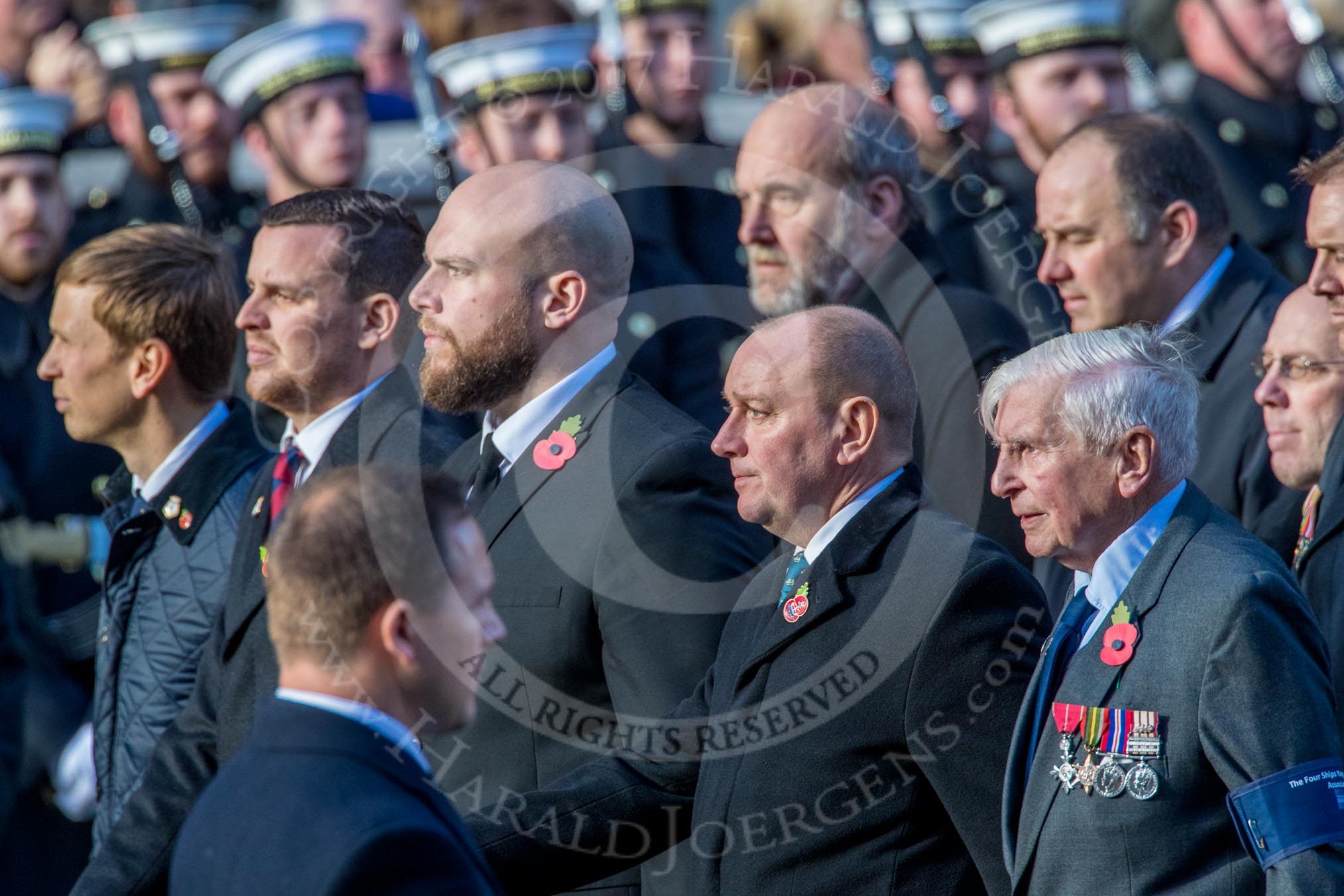 The Four Ships Yangtze Incident Association   (Group E37, 20 members) during the Royal British Legion March Past on Remembrance Sunday at the Cenotaph, Whitehall, Westminster, London, 11 November 2018, 11:46.