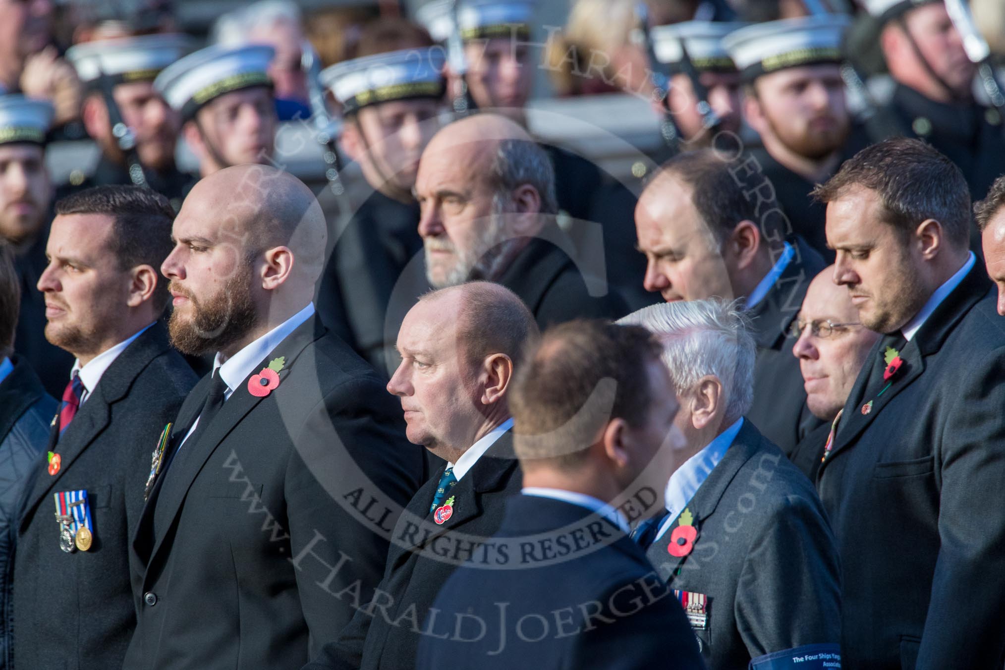 The Four Ships Yangtze Incident Association   (Group E37, 20 members) during the Royal British Legion March Past on Remembrance Sunday at the Cenotaph, Whitehall, Westminster, London, 11 November 2018, 11:46.