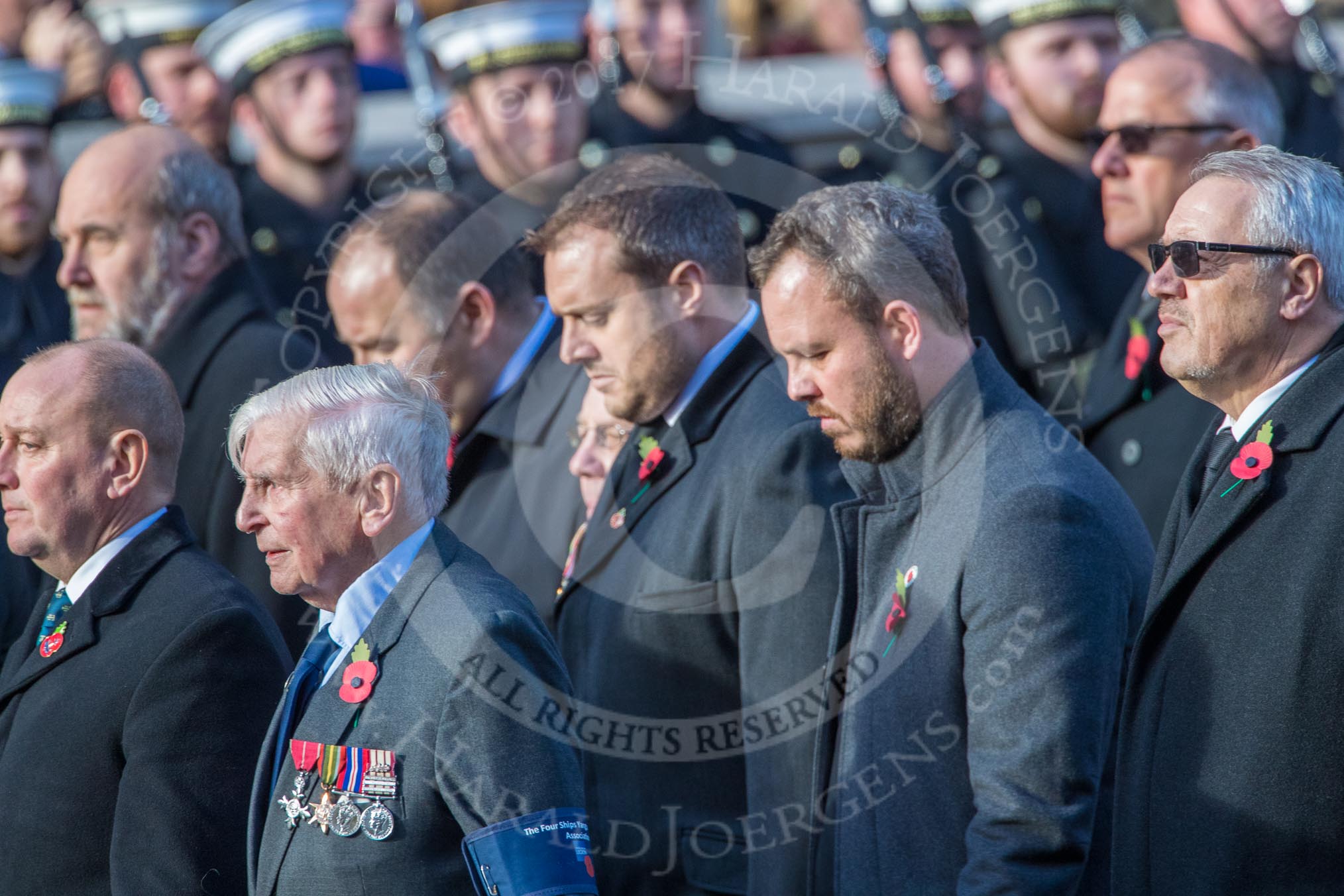 The Four Ships Yangtze Incident Association   (Group E37, 20 members) during the Royal British Legion March Past on Remembrance Sunday at the Cenotaph, Whitehall, Westminster, London, 11 November 2018, 11:46.