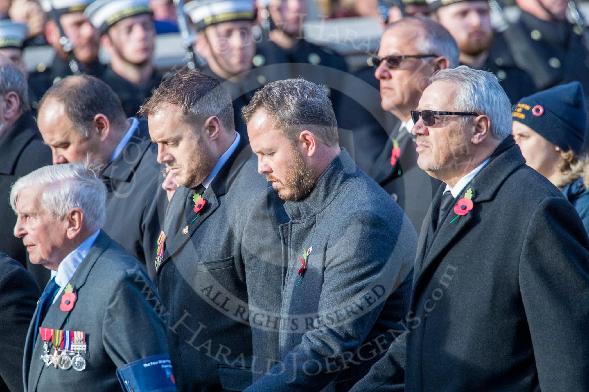 The Four Ships Yangtze Incident Association   (Group E37, 20 members) during the Royal British Legion March Past on Remembrance Sunday at the Cenotaph, Whitehall, Westminster, London, 11 November 2018, 11:46.