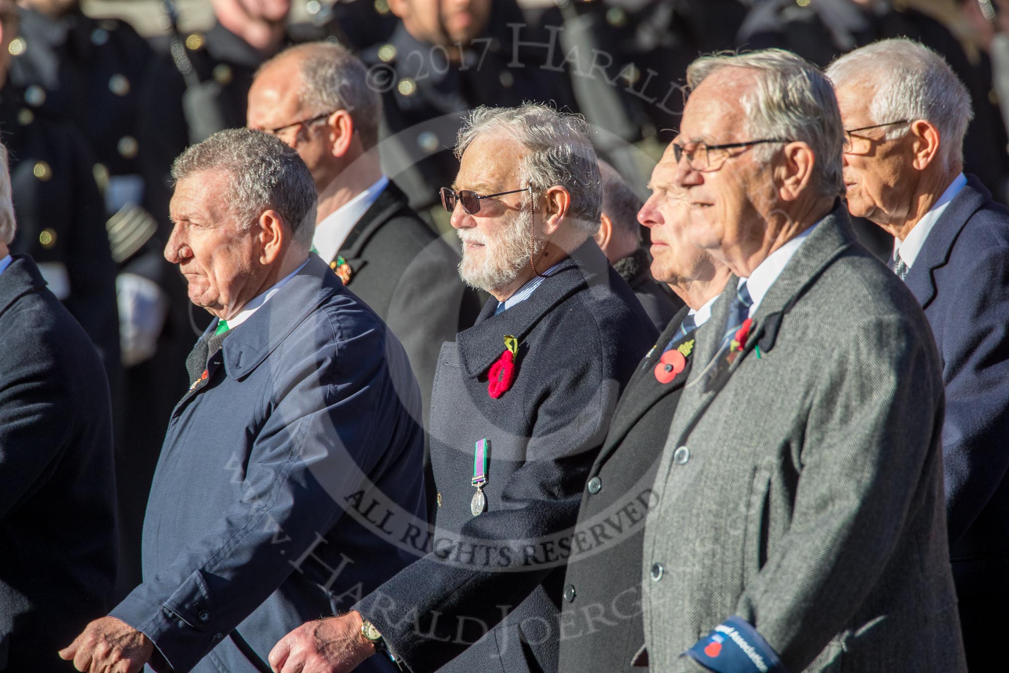 The Fisgard Association  (Group E42, 35 members) during the Royal British Legion March Past on Remembrance Sunday at the Cenotaph, Whitehall, Westminster, London, 11 November 2018, 11:46.