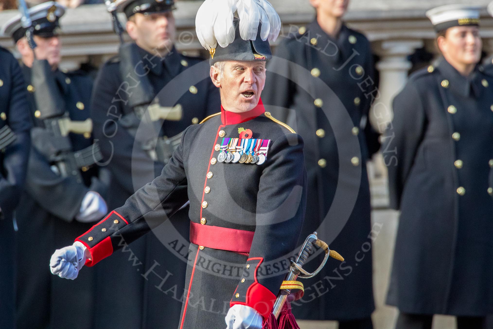 The Royal Hospital Chelsea (Group AA3, 30 members) during the Royal British Legion March Past on Remembrance Sunday at the Cenotaph, Whitehall, Westminster, London, 11 November 2018, 11:48.