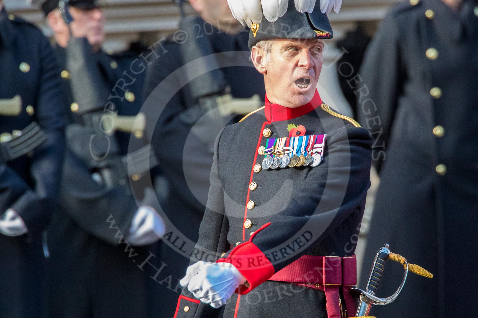 The Royal Hospital Chelsea (Group AA3, 30 members) during the Royal British Legion March Past on Remembrance Sunday at the Cenotaph, Whitehall, Westminster, London, 11 November 2018, 11:48.