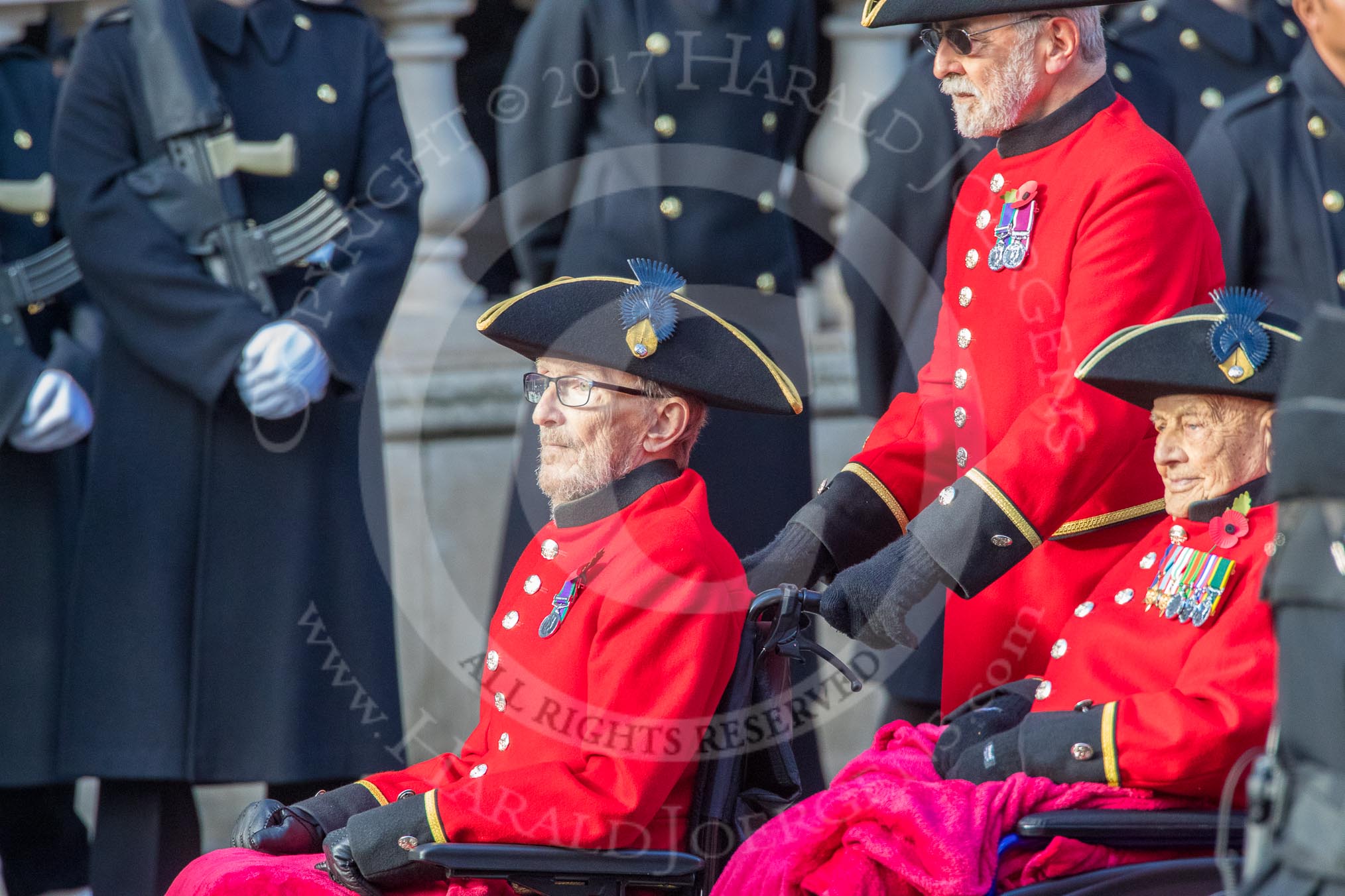 The Royal Hospital Chelsea (Group AA3, 30 members) during the Royal British Legion March Past on Remembrance Sunday at the Cenotaph, Whitehall, Westminster, London, 11 November 2018, 11:48.